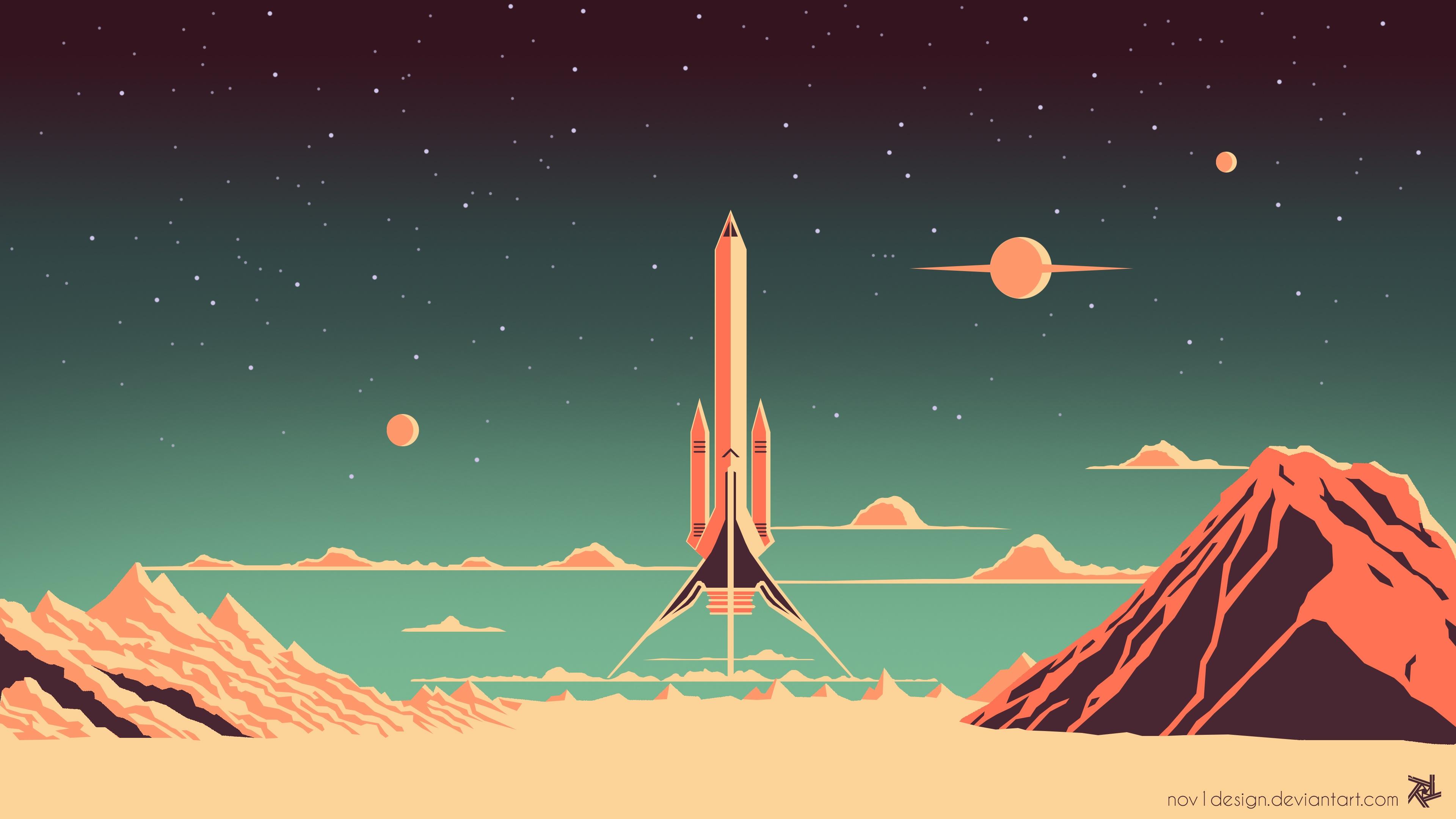 Retro Rocket on Alien Planet - 4K Background Retro Rocket on Alien Planet - Vector Illustration 4K Wallpaper (3840x2160)