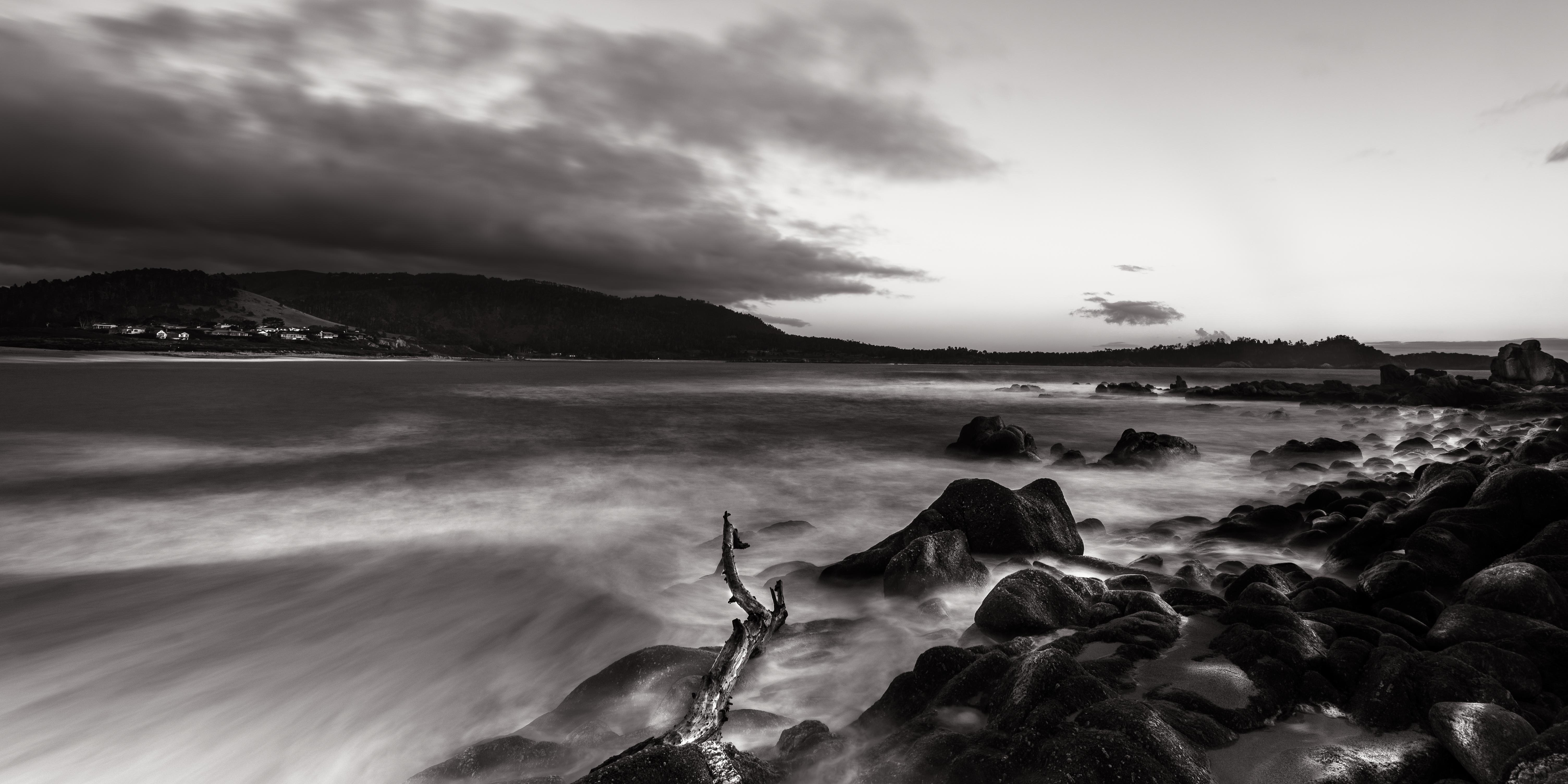 Rocky Coastline With Misty Waves - 5K Background Rocky Coastline With Misty Waves - Monochrome Photography 5K Wallpaper (6016x3008)