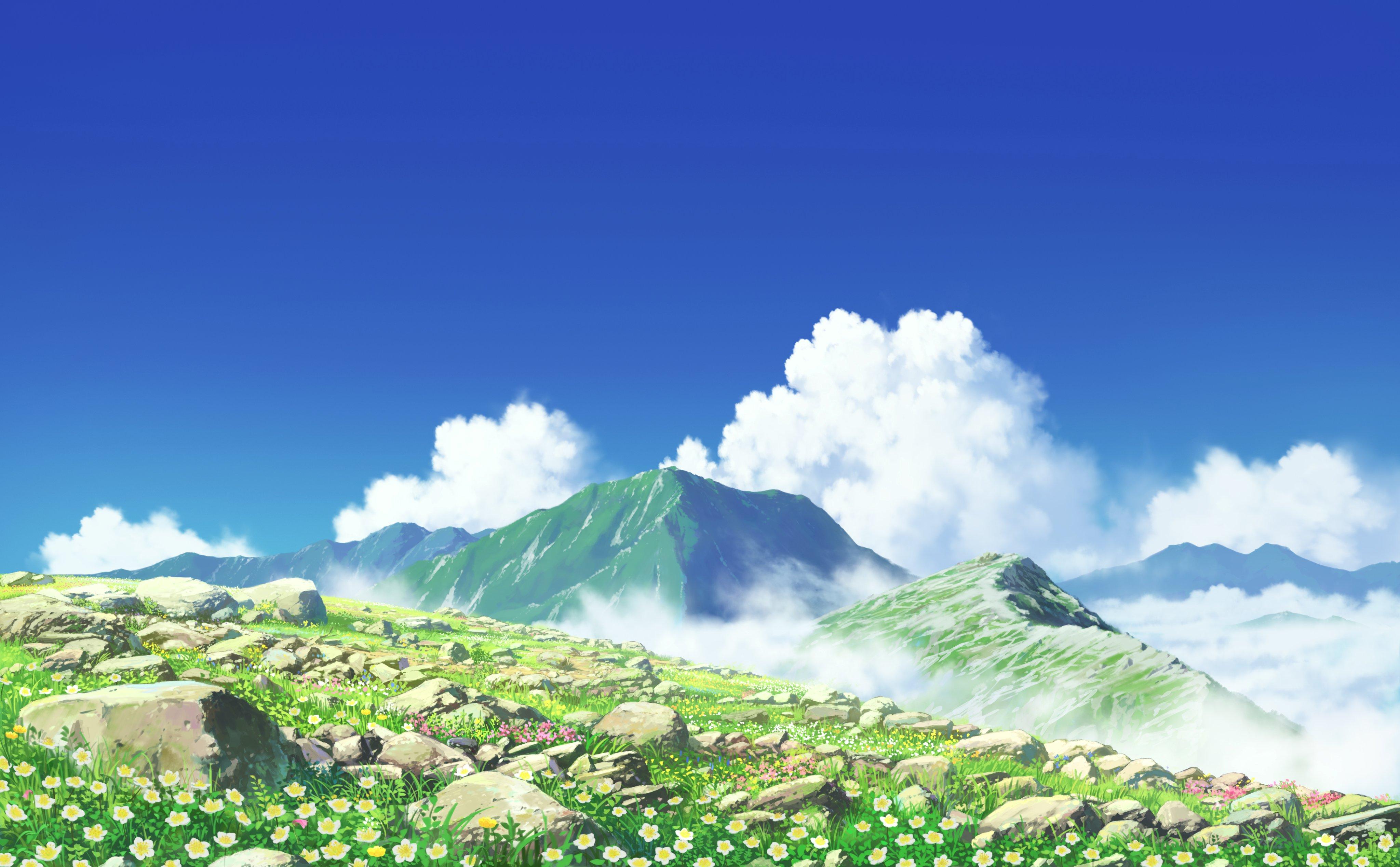 Scenic Anime Mountain Meadow - 4K Background Scenic Anime Mountain Meadow - Anime Illustration 4K Wallpaper (4096x2538)