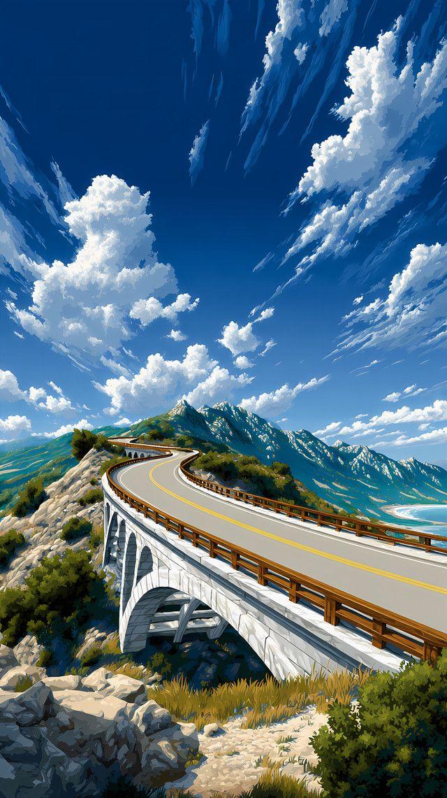 Scenic Coastal Highway Bridge - iPhone Background Scenic Coastal Highway Bridge - Digital Anime Art iPhone Wallpaper (640x1141)
