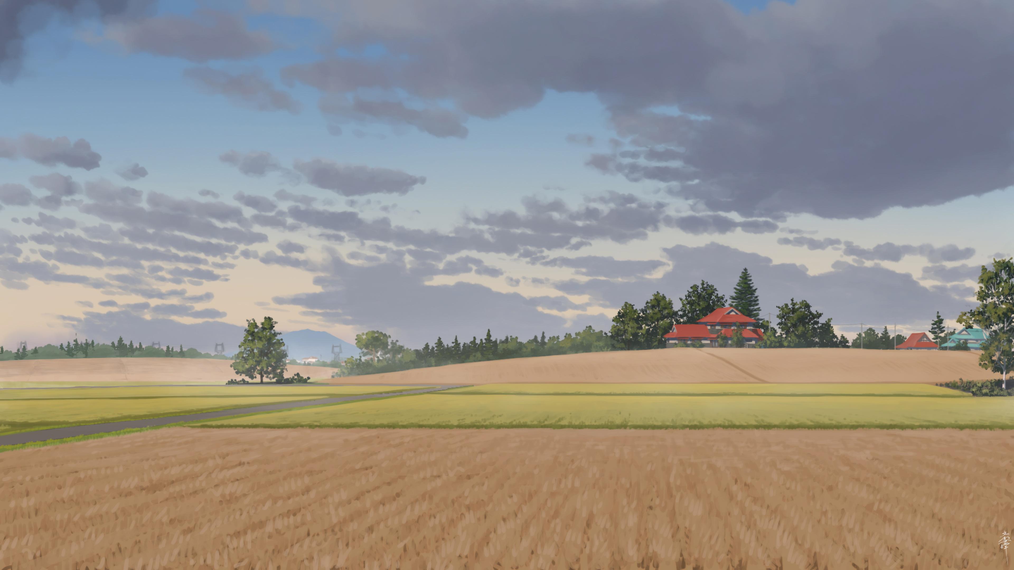 Scenic Countryside Wheat Fields - 4K Background Scenic Countryside Wheat Fields - Anime Digital Painting 4K Wallpaper (3840x2160)