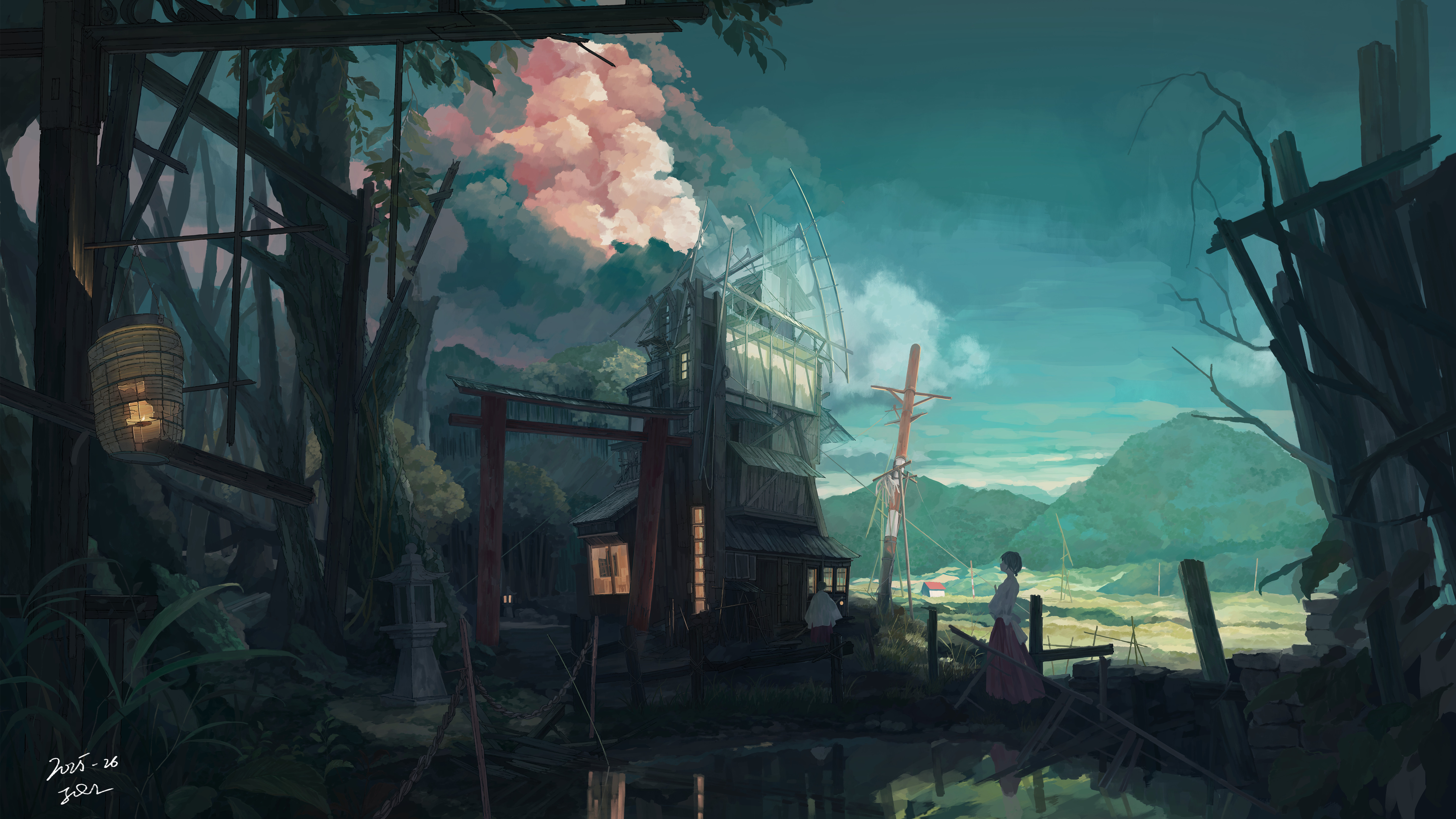 Shrine Maiden In Lush Countryside - 5K Background Shrine Maiden In Lush Countryside - Digital Illustration 5K Wallpaper (5920x3330)