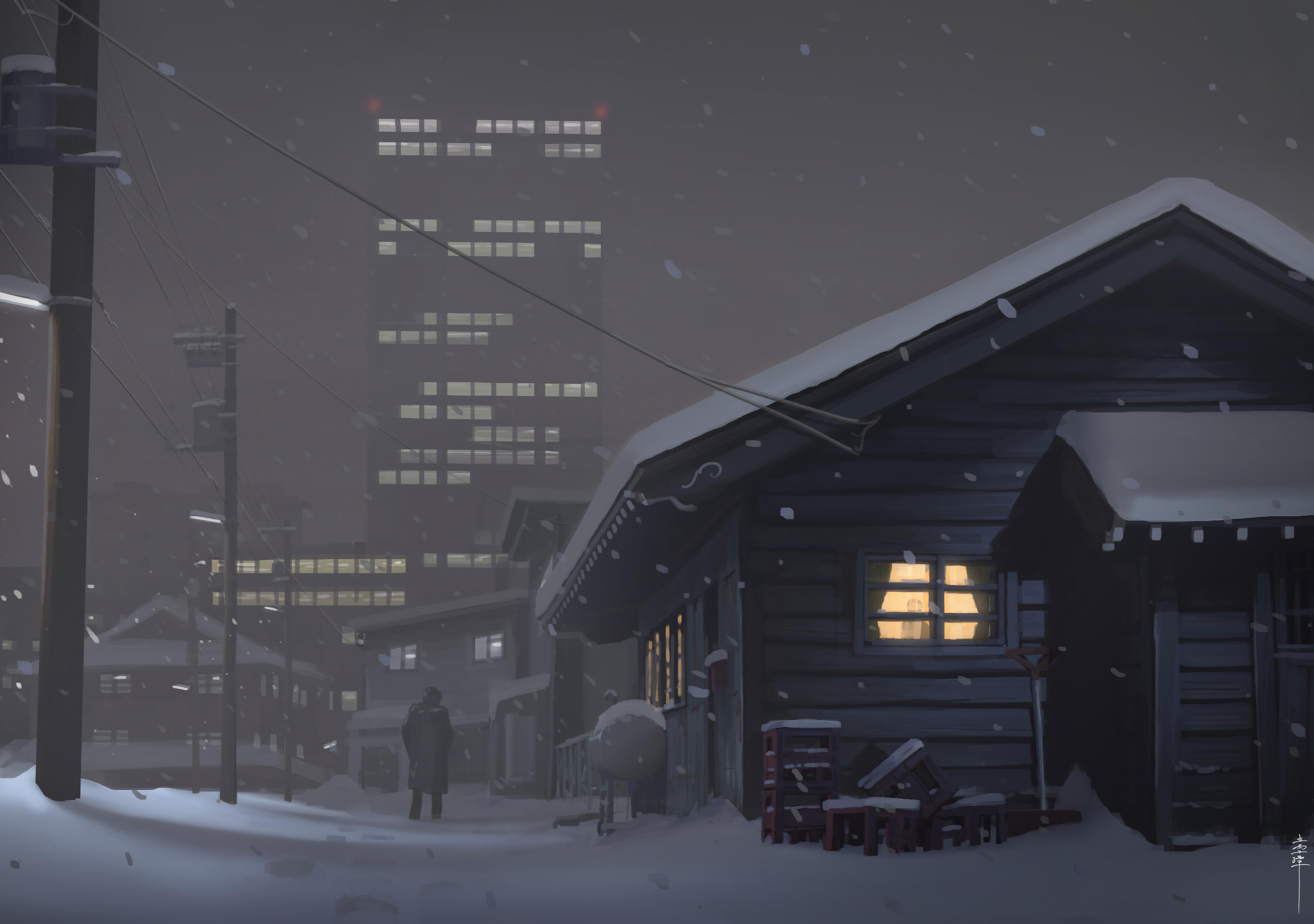 Snowy City Street at Night - 4K Background Snowy City Street at Night - Digital Painting 4K Wallpaper (3840x2700)