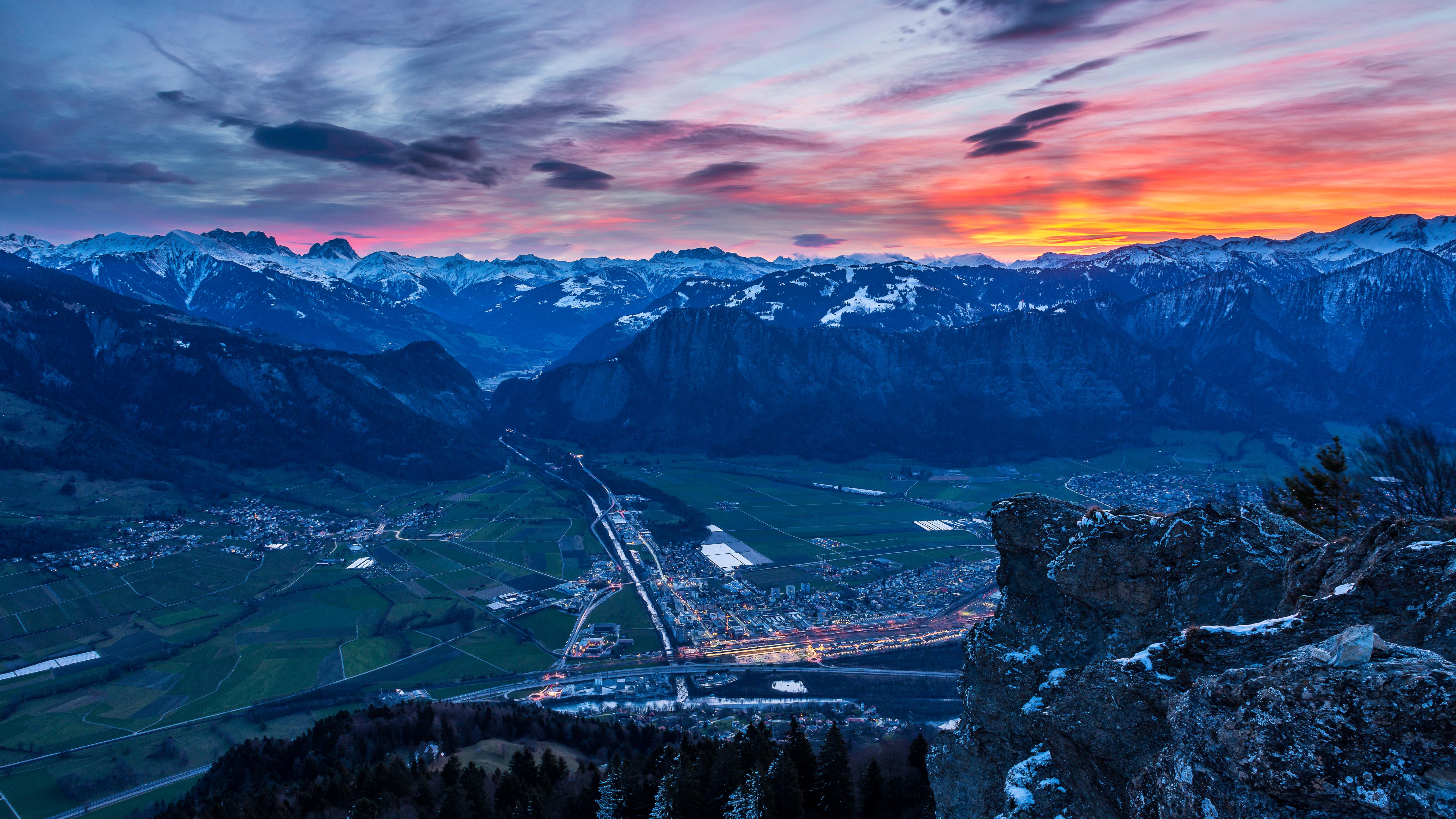 Snowy Mountain Valley At Sunset - 5K Background Snowy Mountain Valley At Sunset - Landscape Photography 5K Wallpaper (5120x2880)
