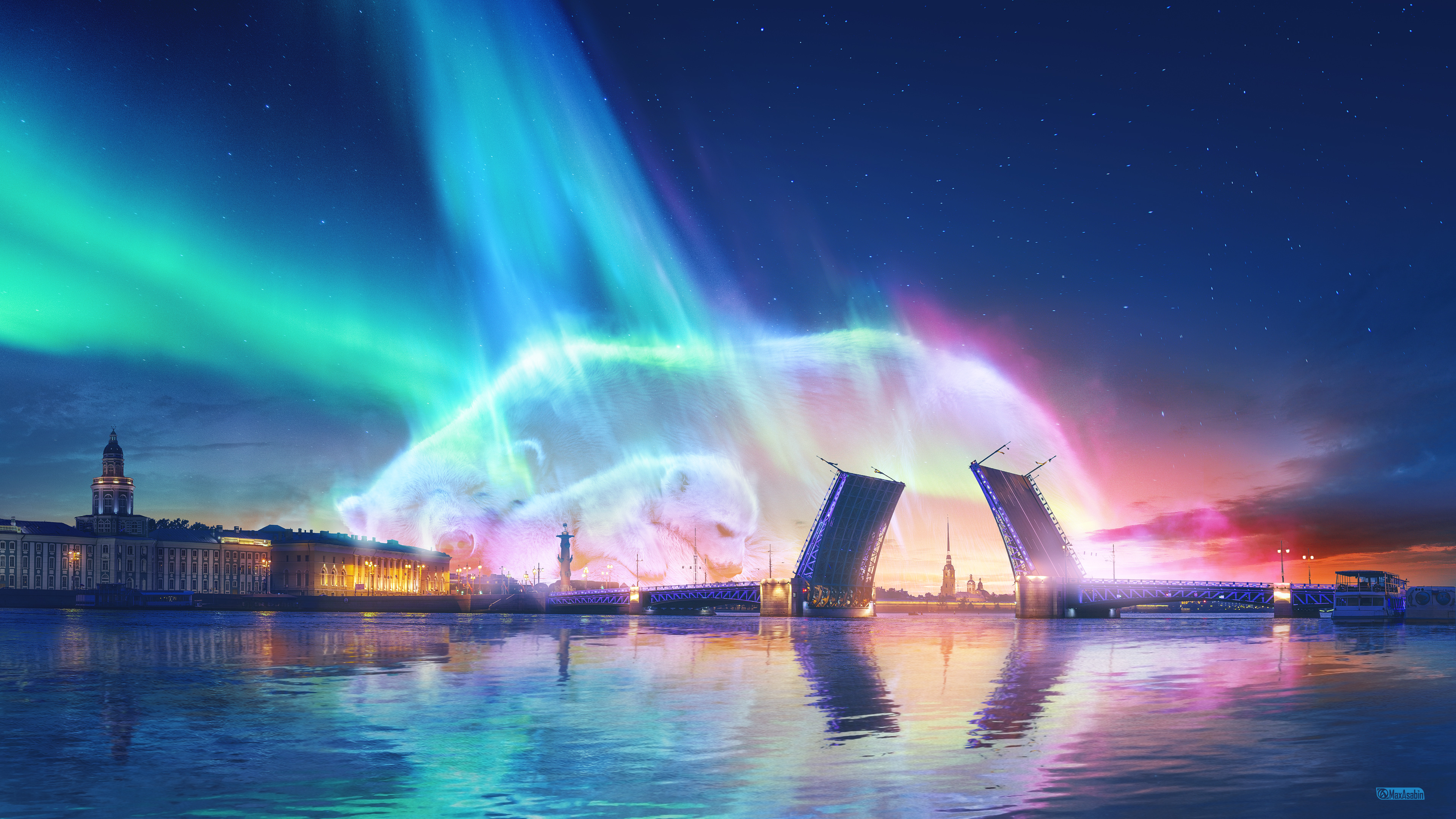 St. Petersburg Northern Lights Polar Bears - 4K Background St. Petersburg Northern Lights Polar Bears - Fantasy Digital Art 4K Wallpaper (3840x2160)