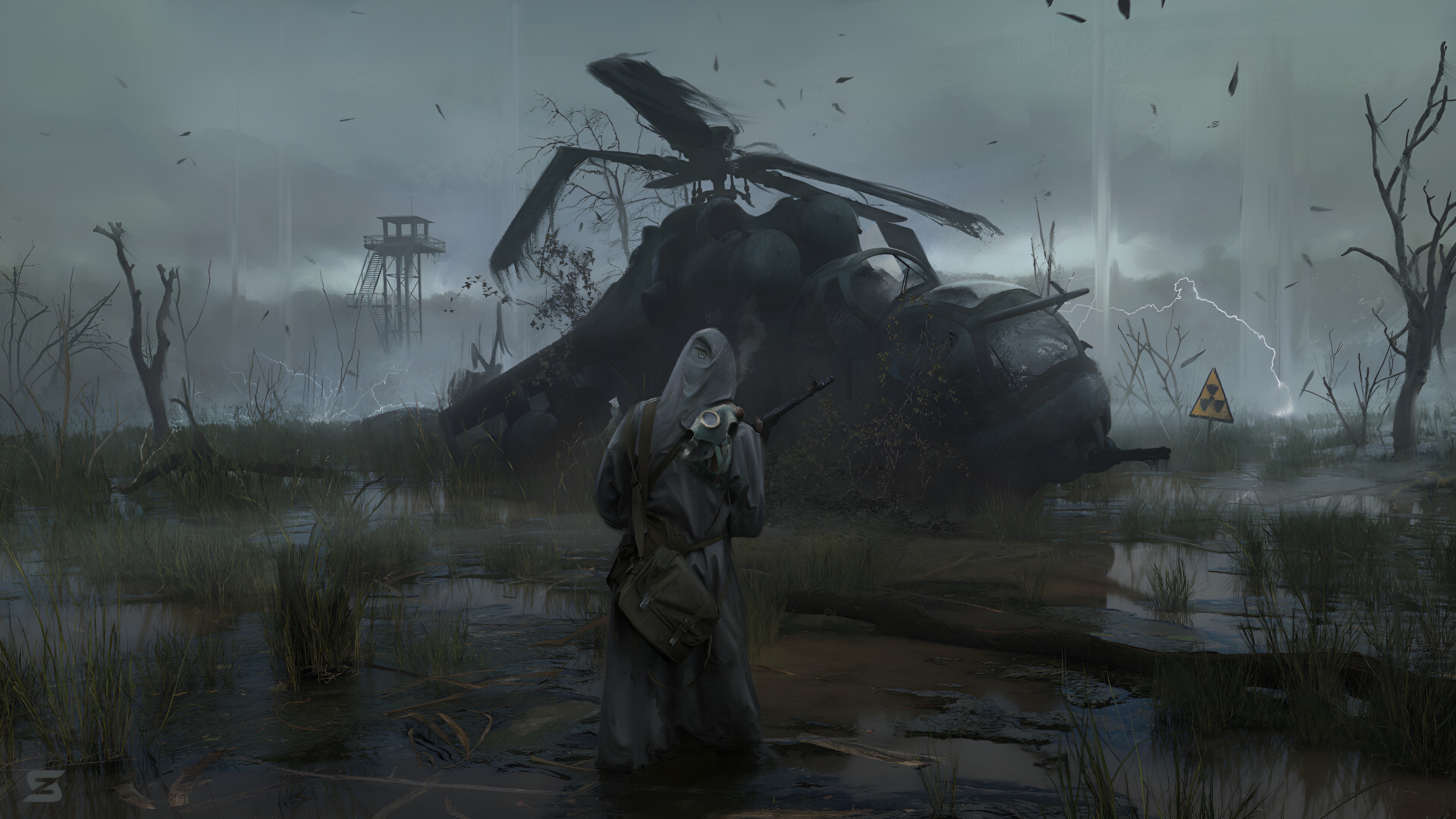 Stalker In The Radioactive Swamp - 4K Background Stalker In The Radioactive Swamp - Dystopian Concept Art 4K Wallpaper (3840x2160)