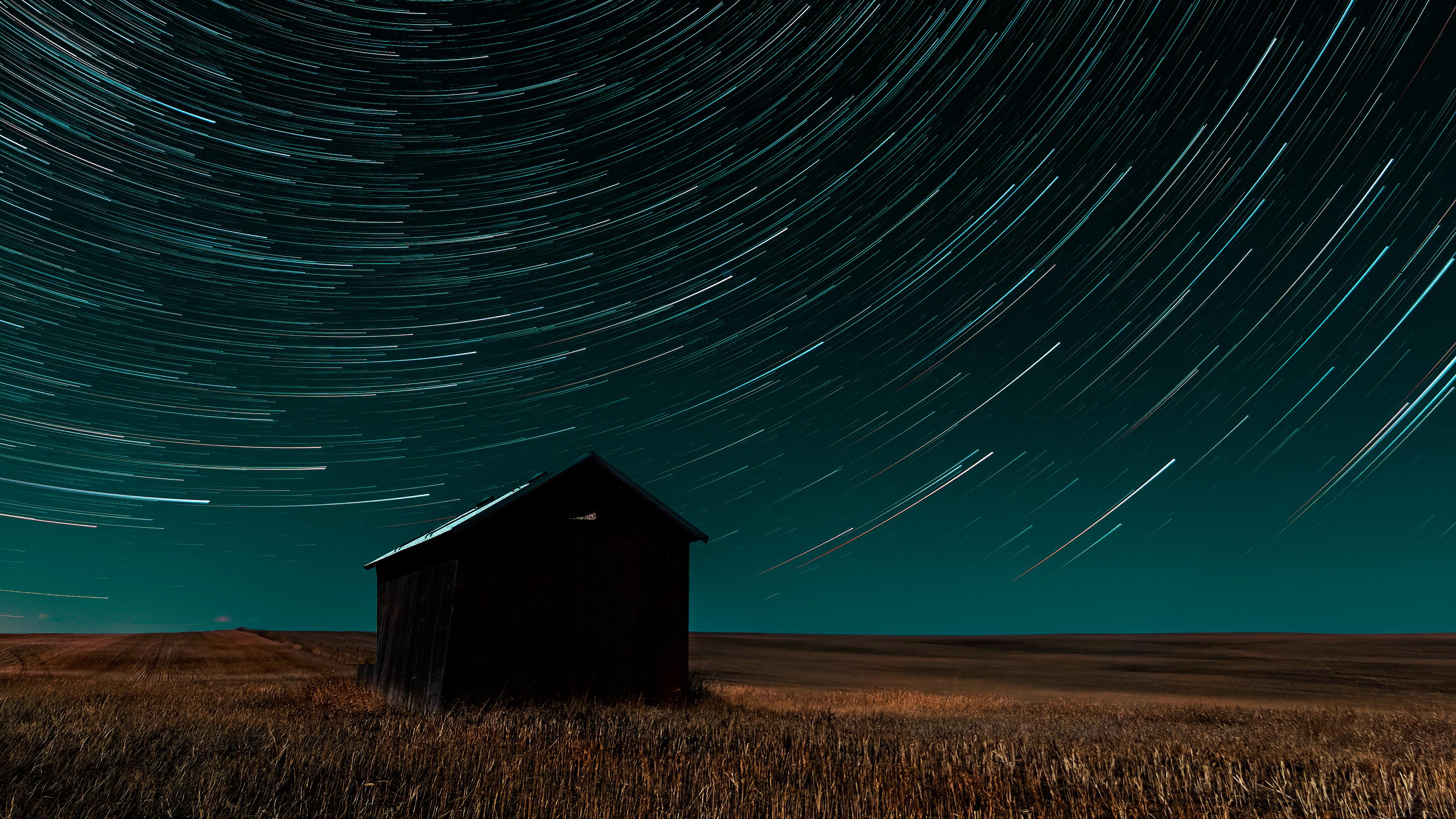 Star Trails Over Rustic Barn - 4K Background Star Trails Over Rustic Barn - Astro Photography 4K Wallpaper (3840x2160)