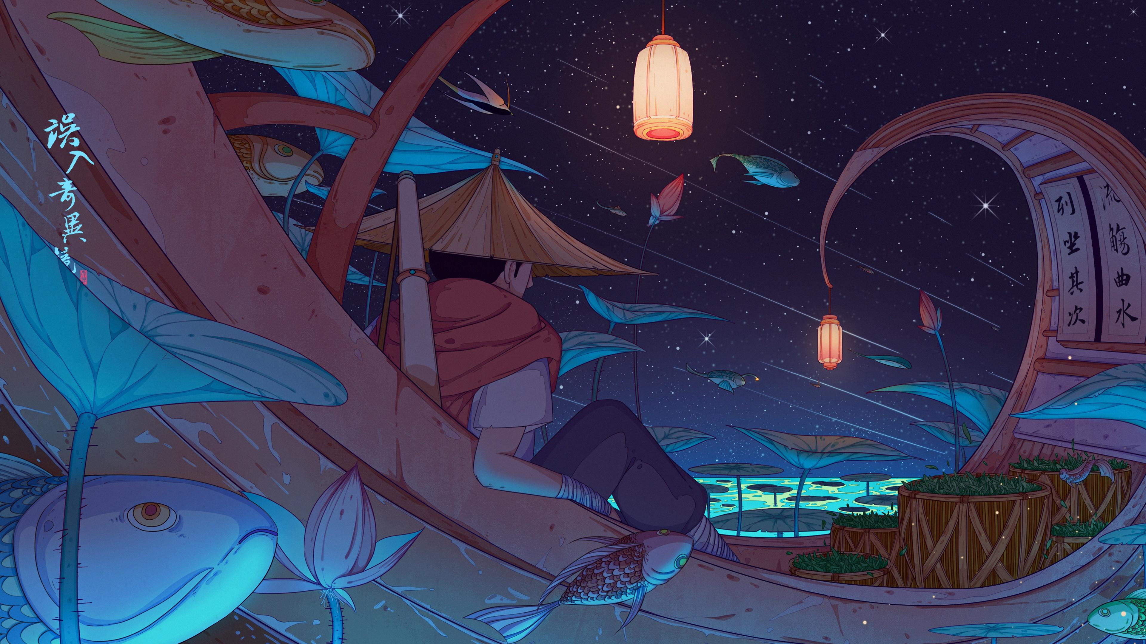 Stargazing Fisherman in Fantasy Boat - 4K Background Stargazing Fisherman in Fantasy Boat - Digital Anime Illustration 4K Wallpaper (3840x2160)