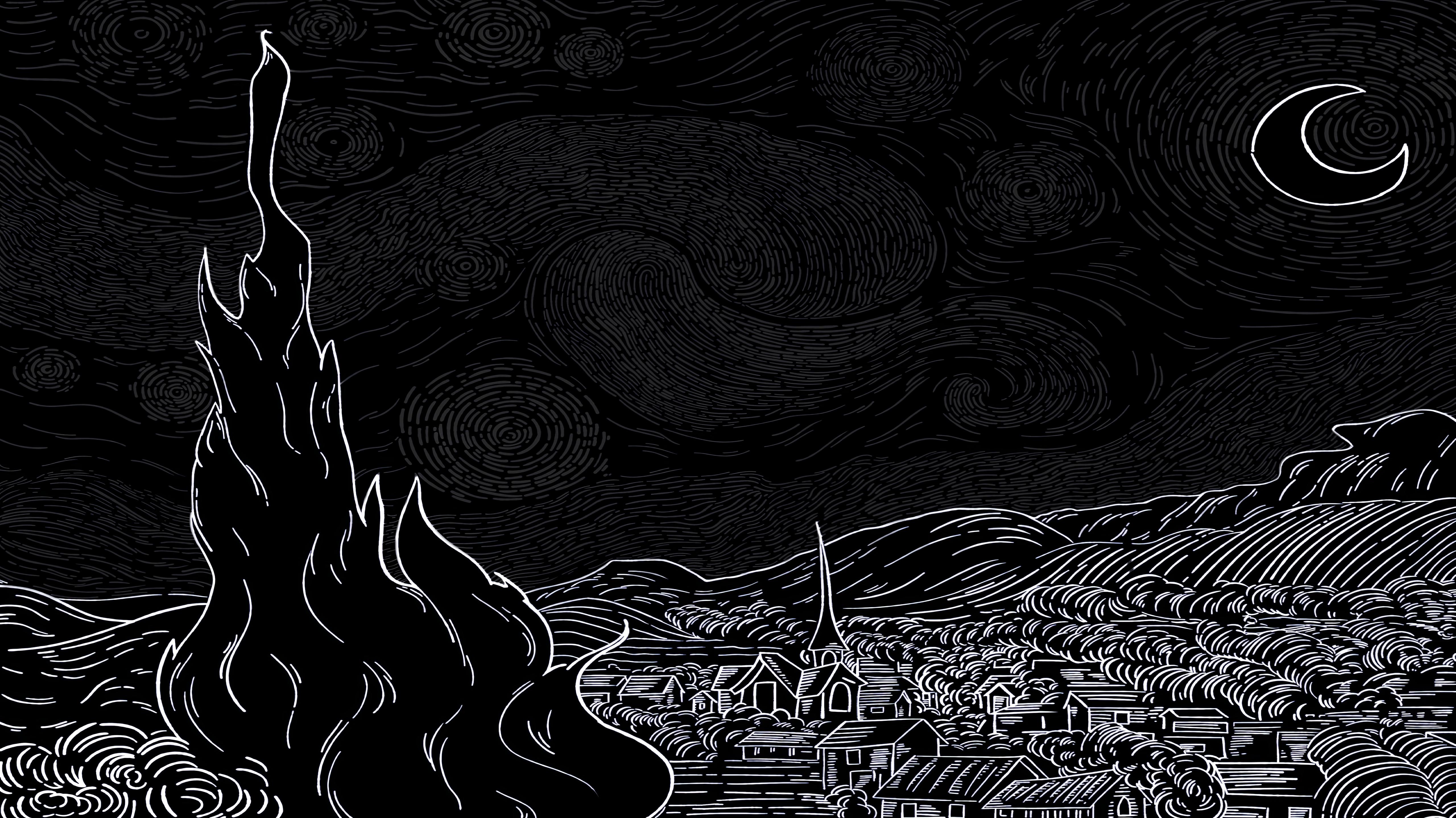 The Starry Night Line Art - 5K Background The Starry Night Line Art - Line Art Illustration 5K Wallpaper (5120x2880)