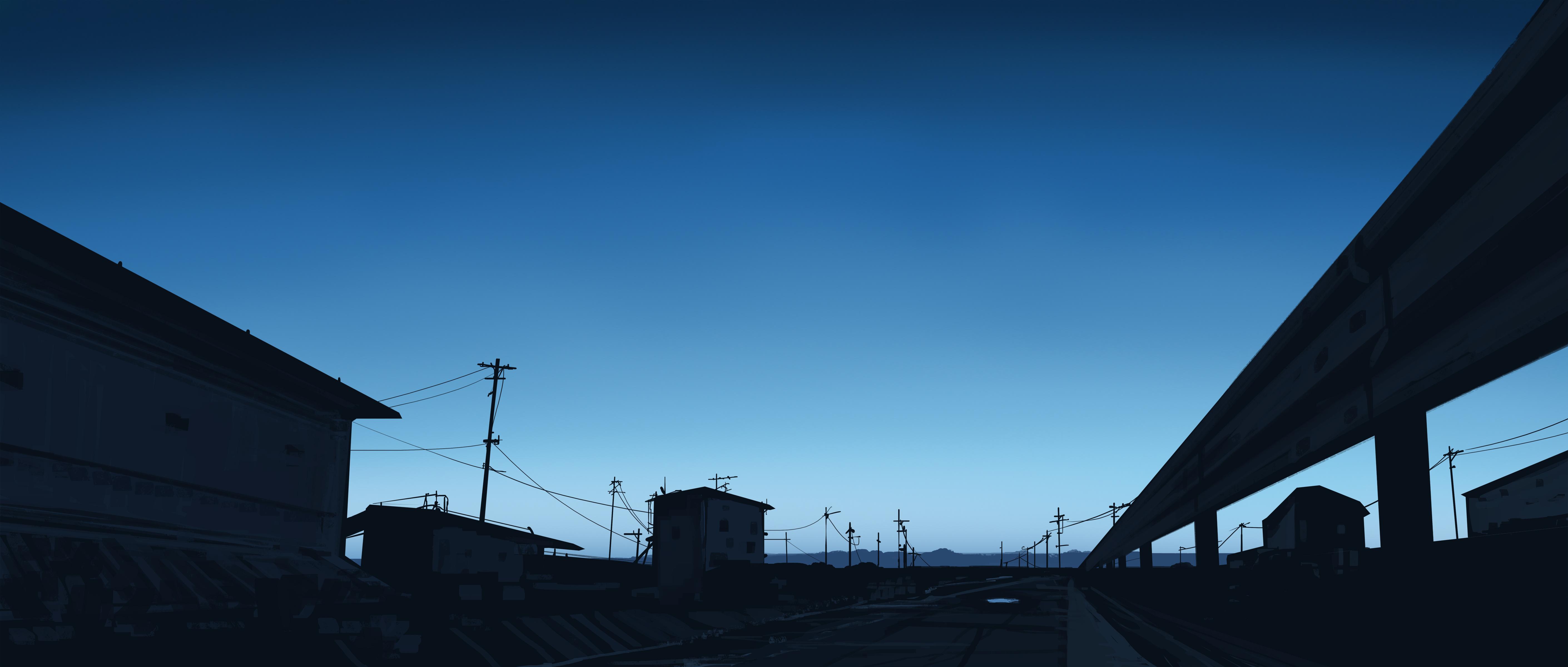 Suburban Street Under Blue Twilight - 4K Background Suburban Street Under Blue Twilight - Minimalist Digital Illustration 4K Wallpaper (5640x2400)