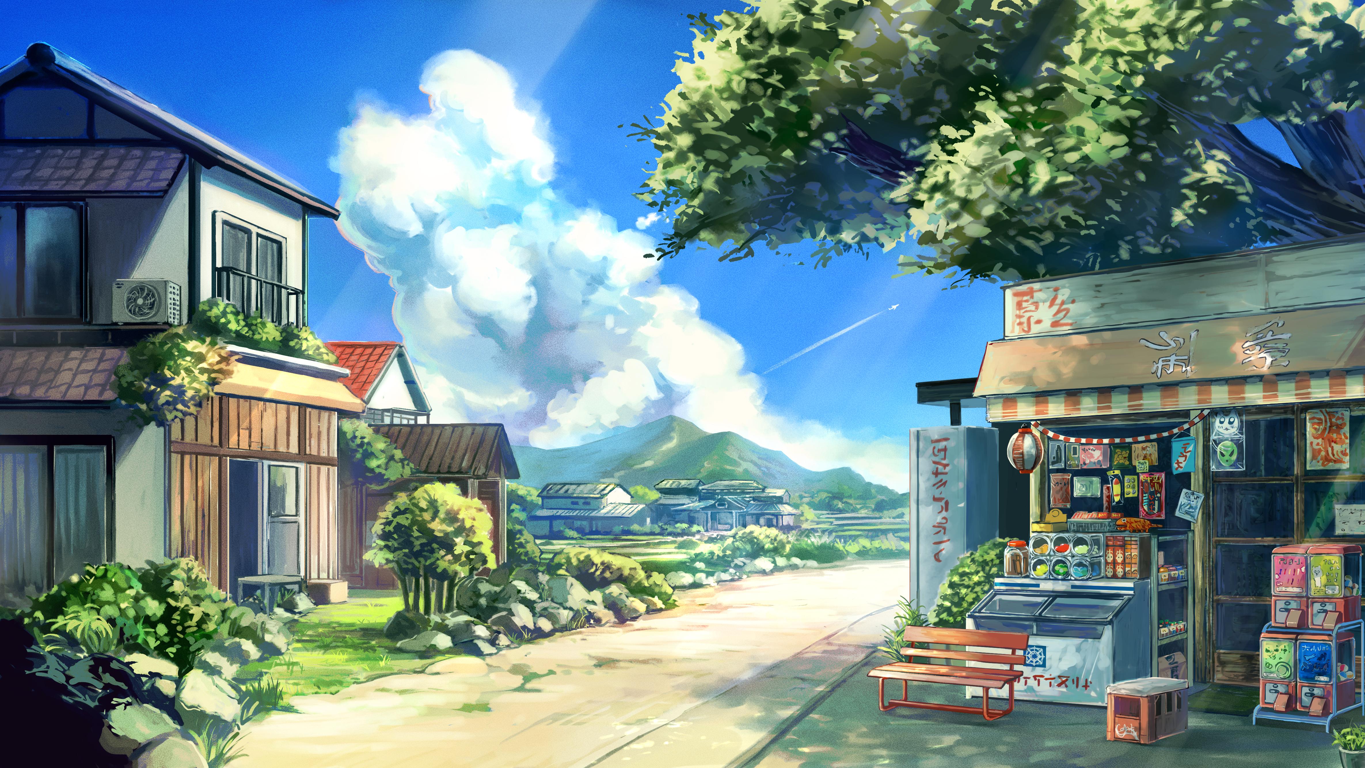 Sunny Japanese Roadside Store - 4K Background Sunny Japanese Roadside Store - Anime Background Art 4K Wallpaper (4742x2667)
