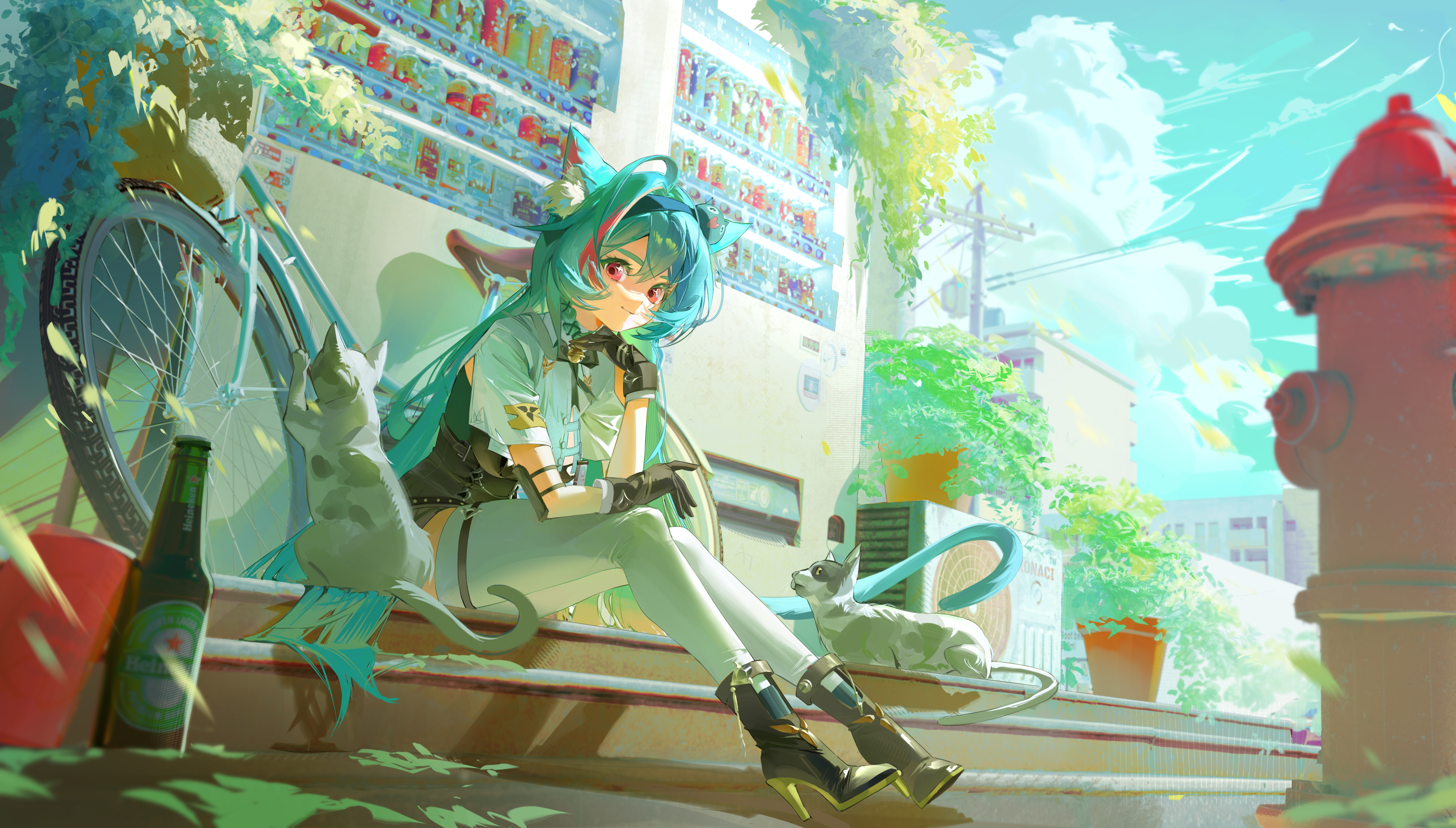 Teal Hair Cat Girl on Steps - 5K Background Teal Hair Cat Girl on Steps - Anime Illustration 5K Wallpaper (5996x3409)