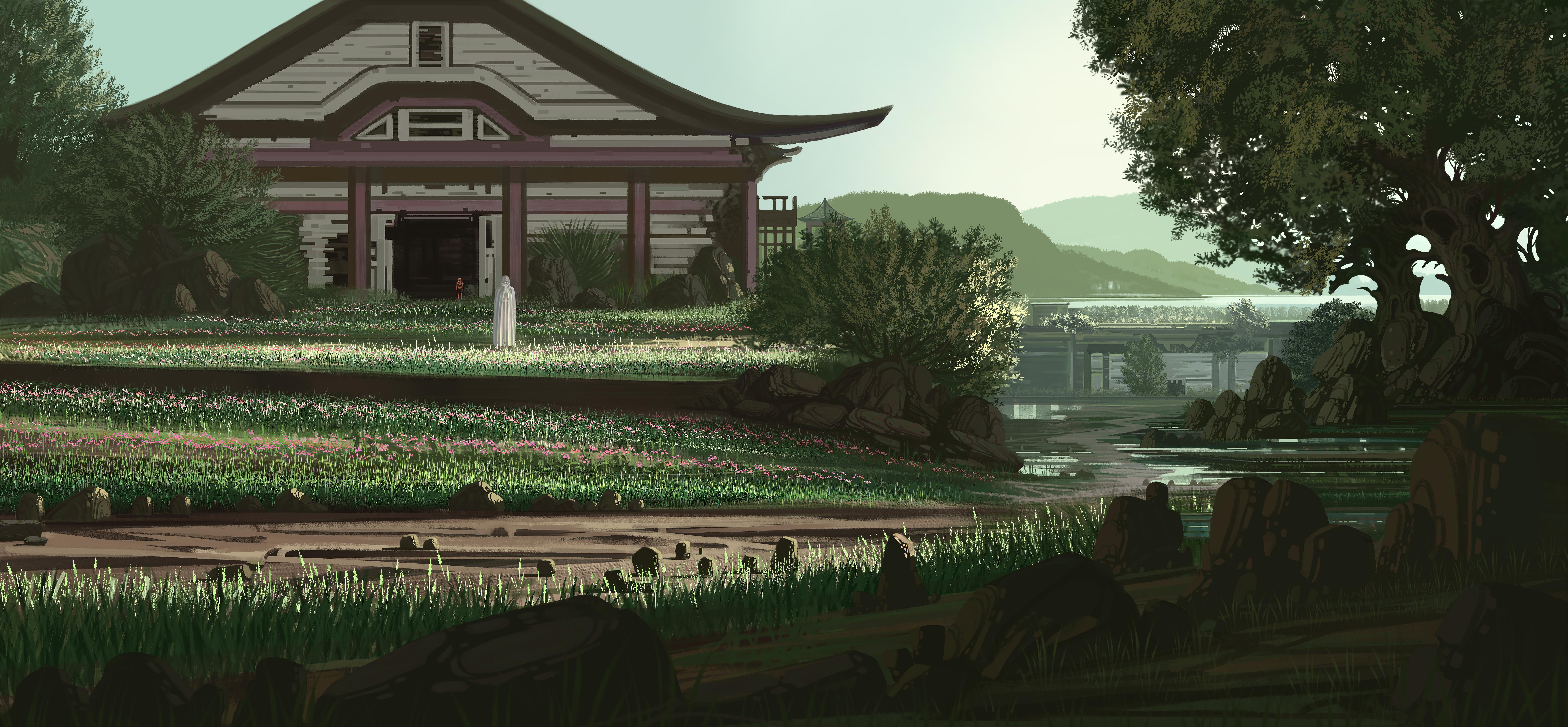 Temple House In Green Valley - 5K Background Temple House In Green Valley - Pixelated Digital Art 5K Wallpaper (8000x3708)