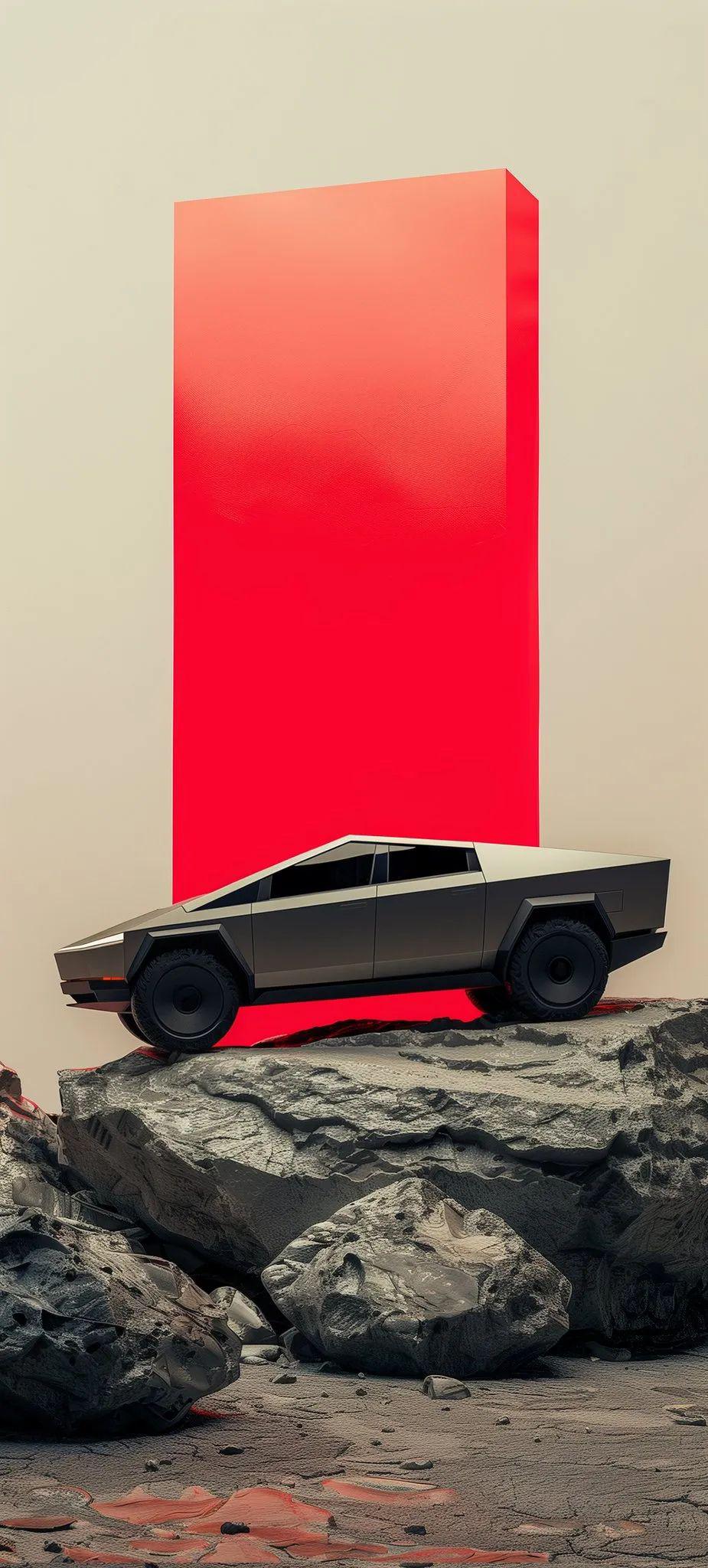 Tesla Cybertruck and Red Monolith - iPhone Background Tesla Cybertruck and Red Monolith - Minimalist Digital Art iPhone Wallpaper (925x2048)