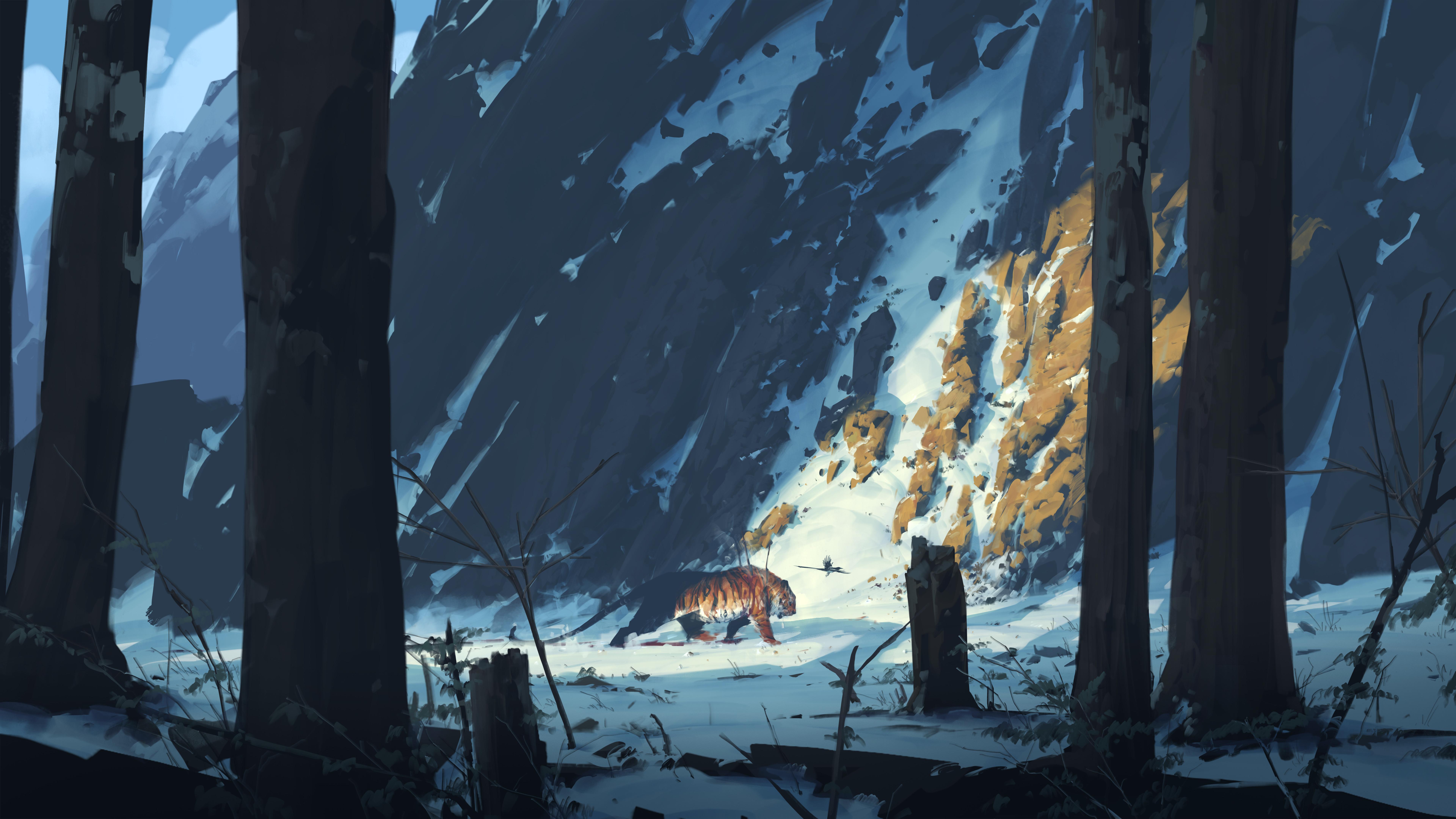Tiger In Snowy Mountain Forest - 8K Background Tiger In Snowy Mountain Forest - Digital Painting 8K Wallpaper (7680x4320)