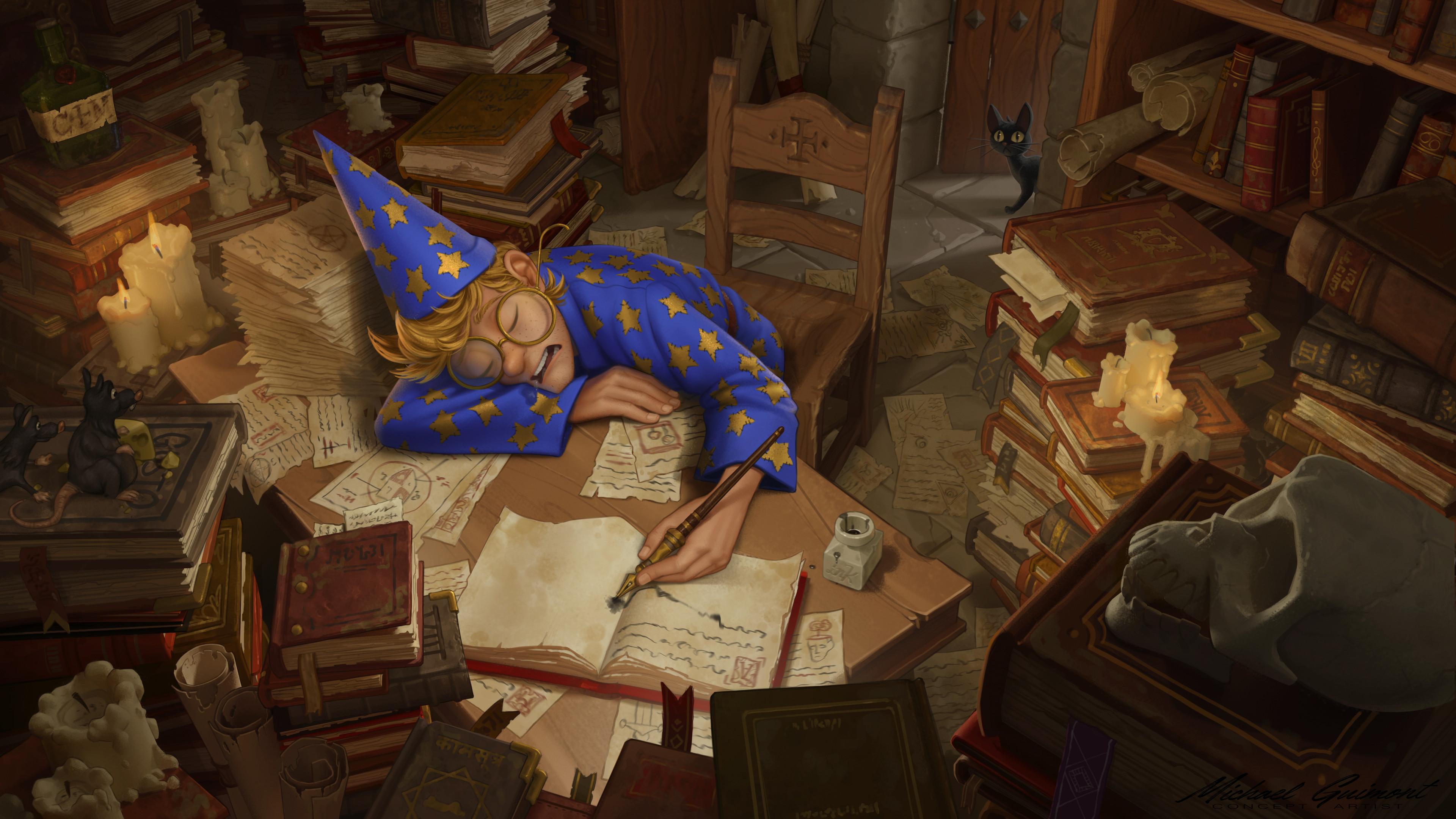 The Tired Wizard Apprentice - 4K Background The Tired Wizard Apprentice - Fantasy Digital Art 4K Wallpaper (3840x2160)