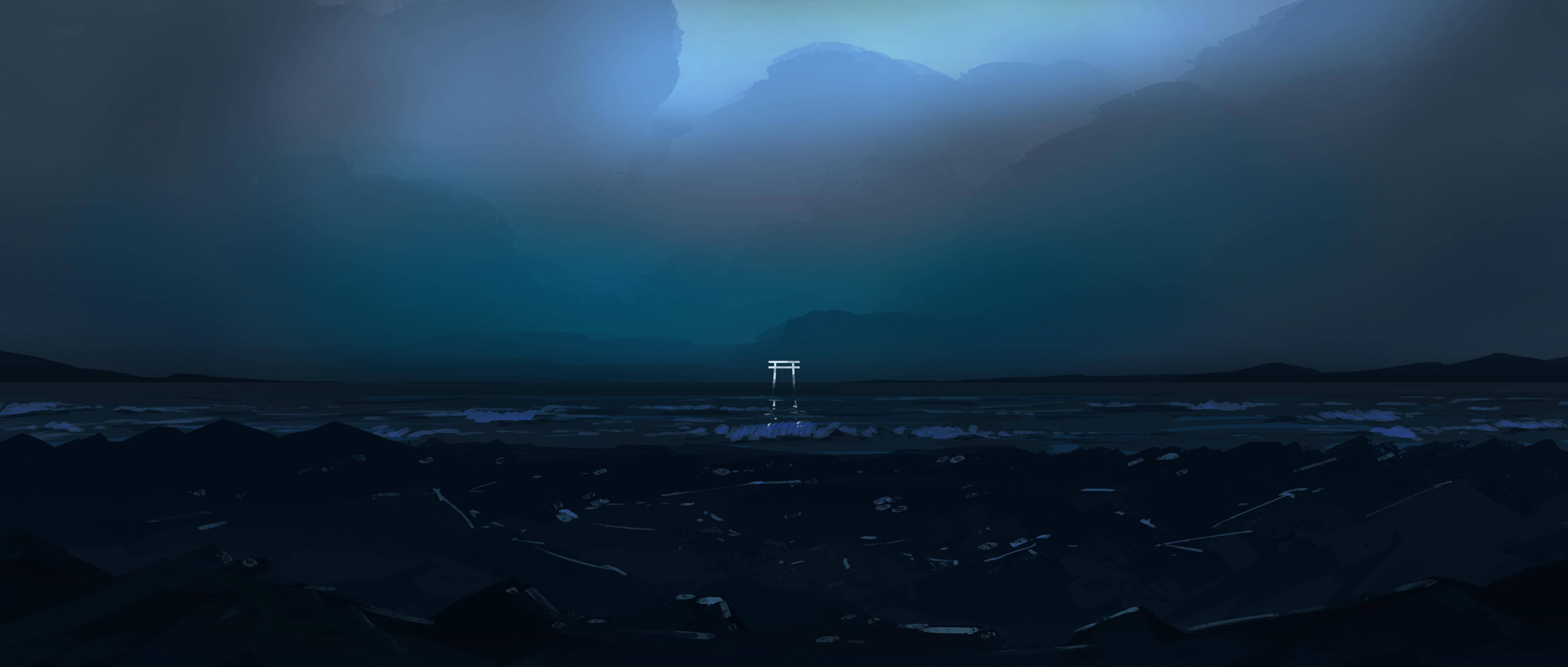 Torii Gate, Ocean, Dark, Night Wallpaper in 4K resolution (5640x2400) Torii Gate, Ocean, Dark, Night 4K Wallpaper Background (5640x2400)