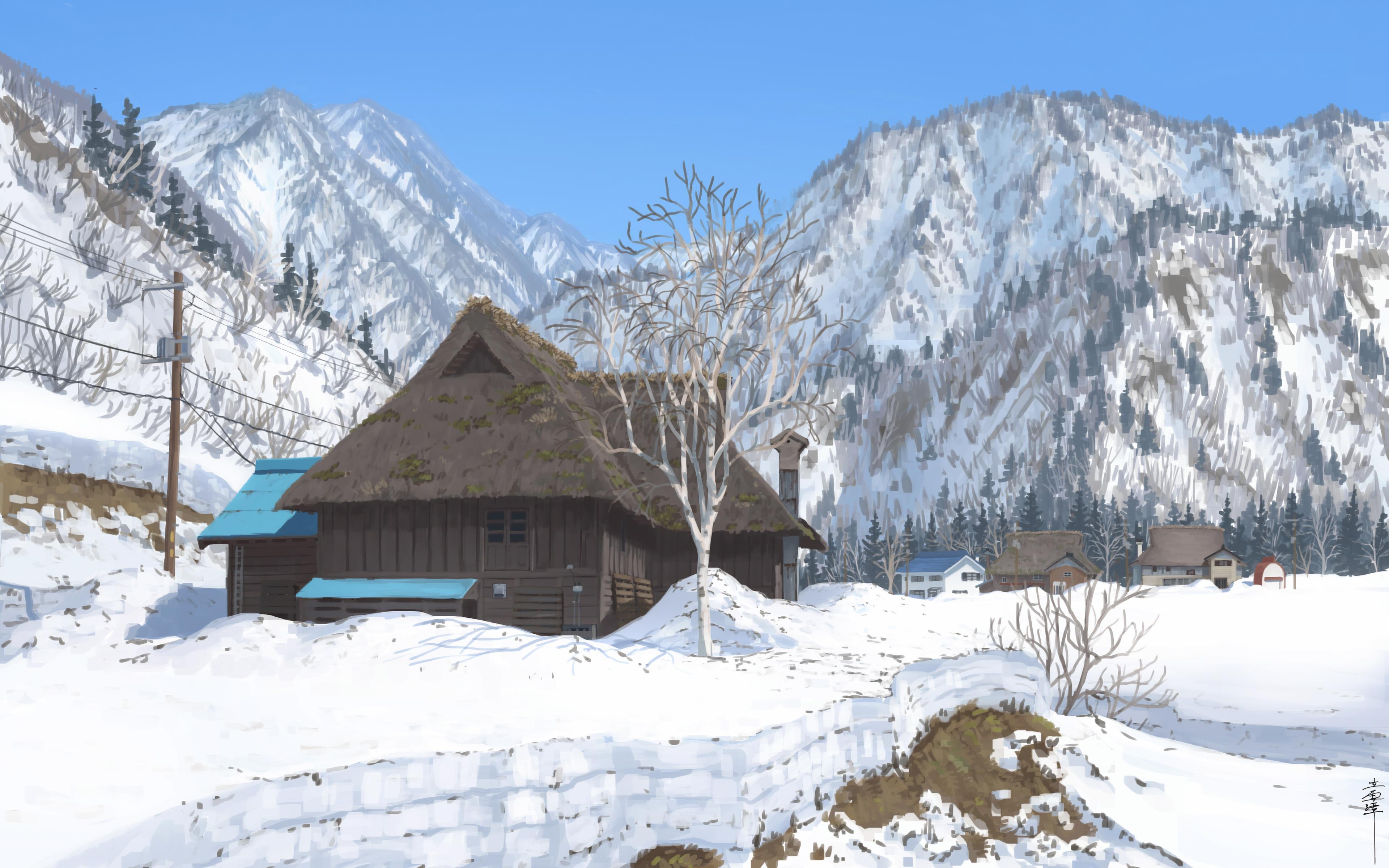 Traditional Japanese Winter Village - 4K Background Traditional Japanese Winter Village - Digital Art 4K Wallpaper (3840x2400)