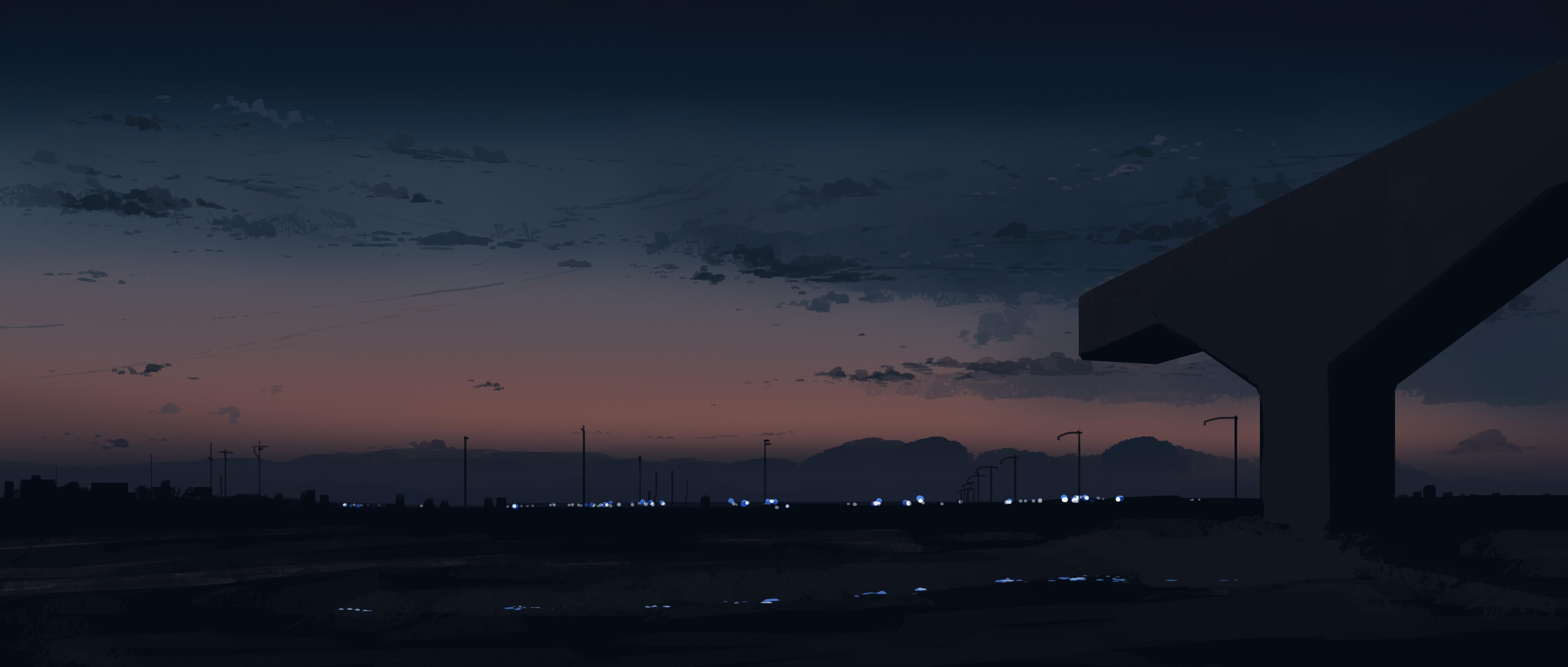 Twilight City Skyline With Overpass - 4K Background Twilight City Skyline With Overpass - Anime Digital Art 4K Wallpaper (5640x2400)