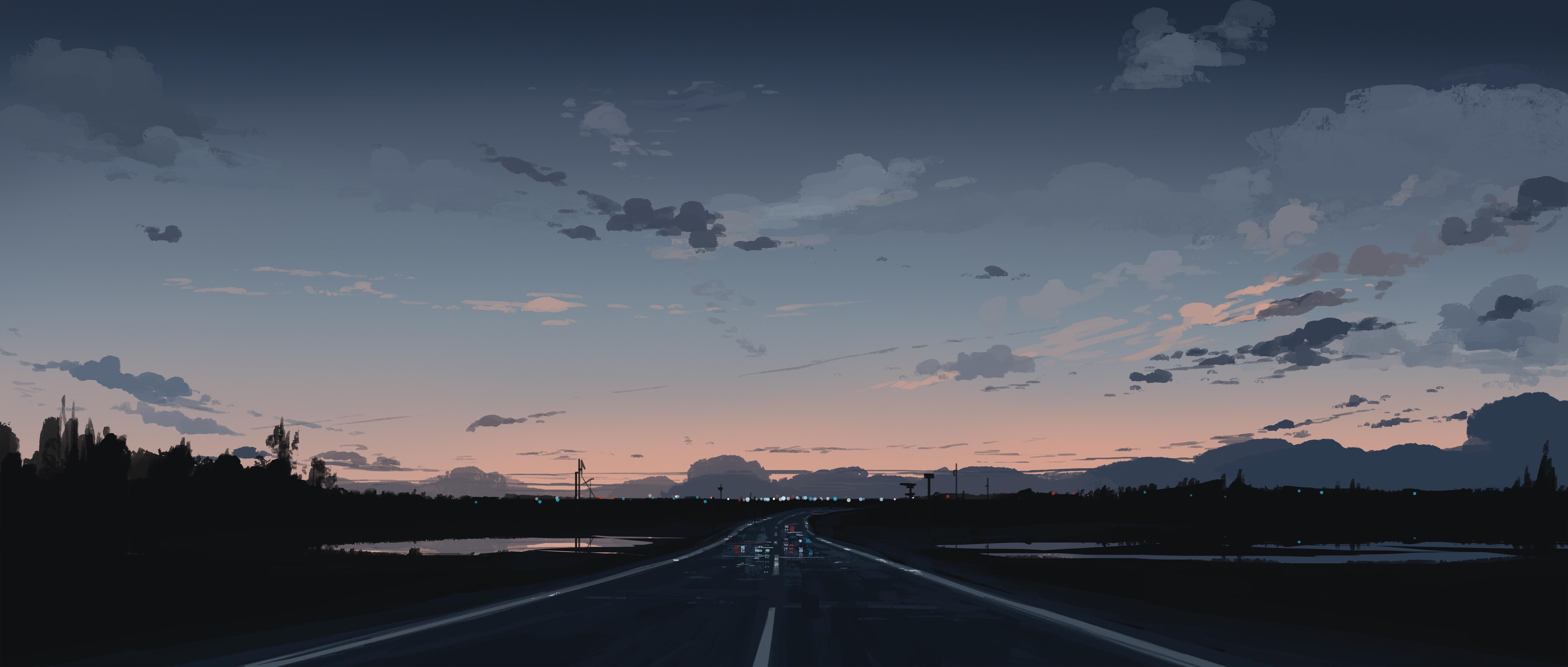 Twilight Drive Into The Distance - 4K Background Twilight Drive Into The Distance - Digital Landscape Art 4K Wallpaper (5640x2400)
