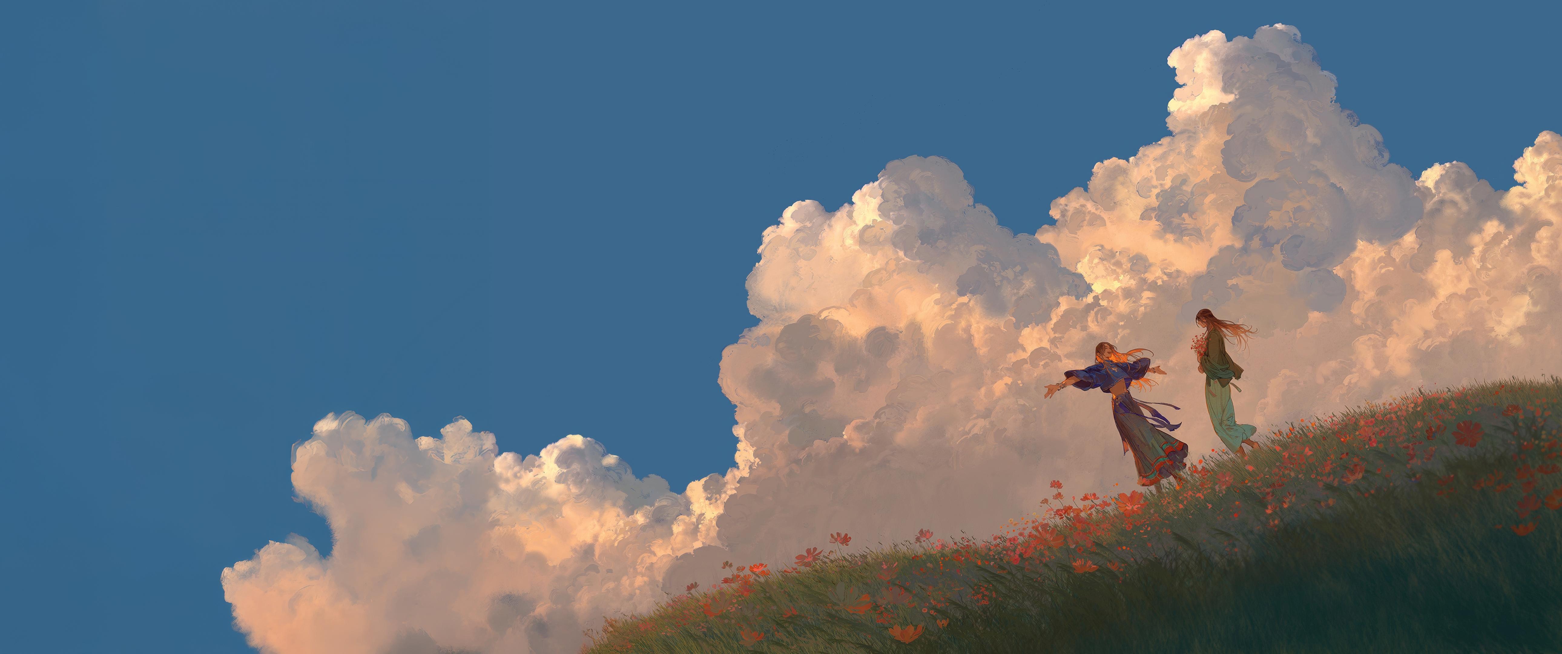 Two Figures on a Grassy Hill - 4K Background Two Figures on a Grassy Hill - Digital Illustration 4K Wallpaper (5160x2160)