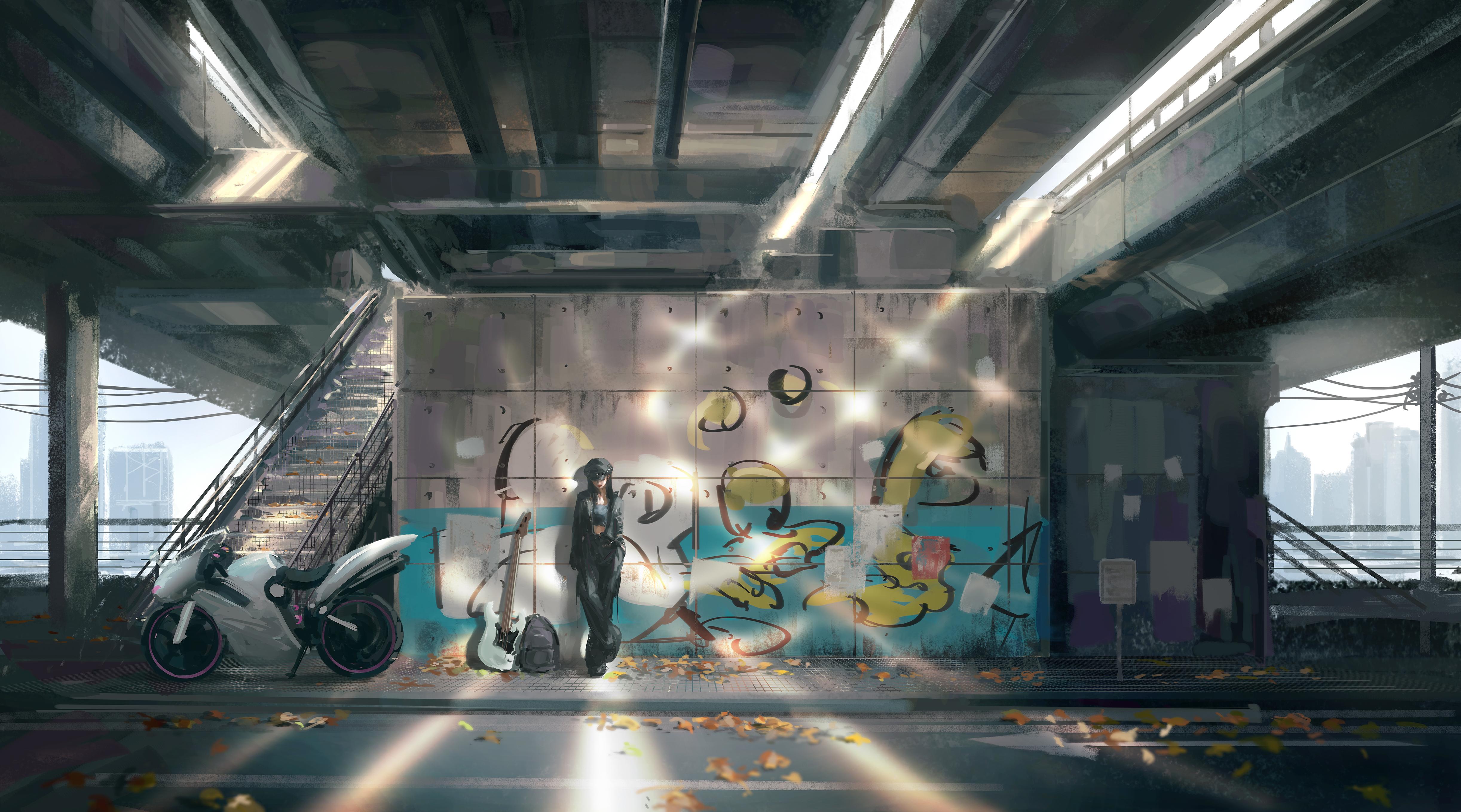 Urban Musician Under Concrete Bridge - 4K Background Urban Musician Under Concrete Bridge - Digital Art Illustration 4K Wallpaper (4889x2719)