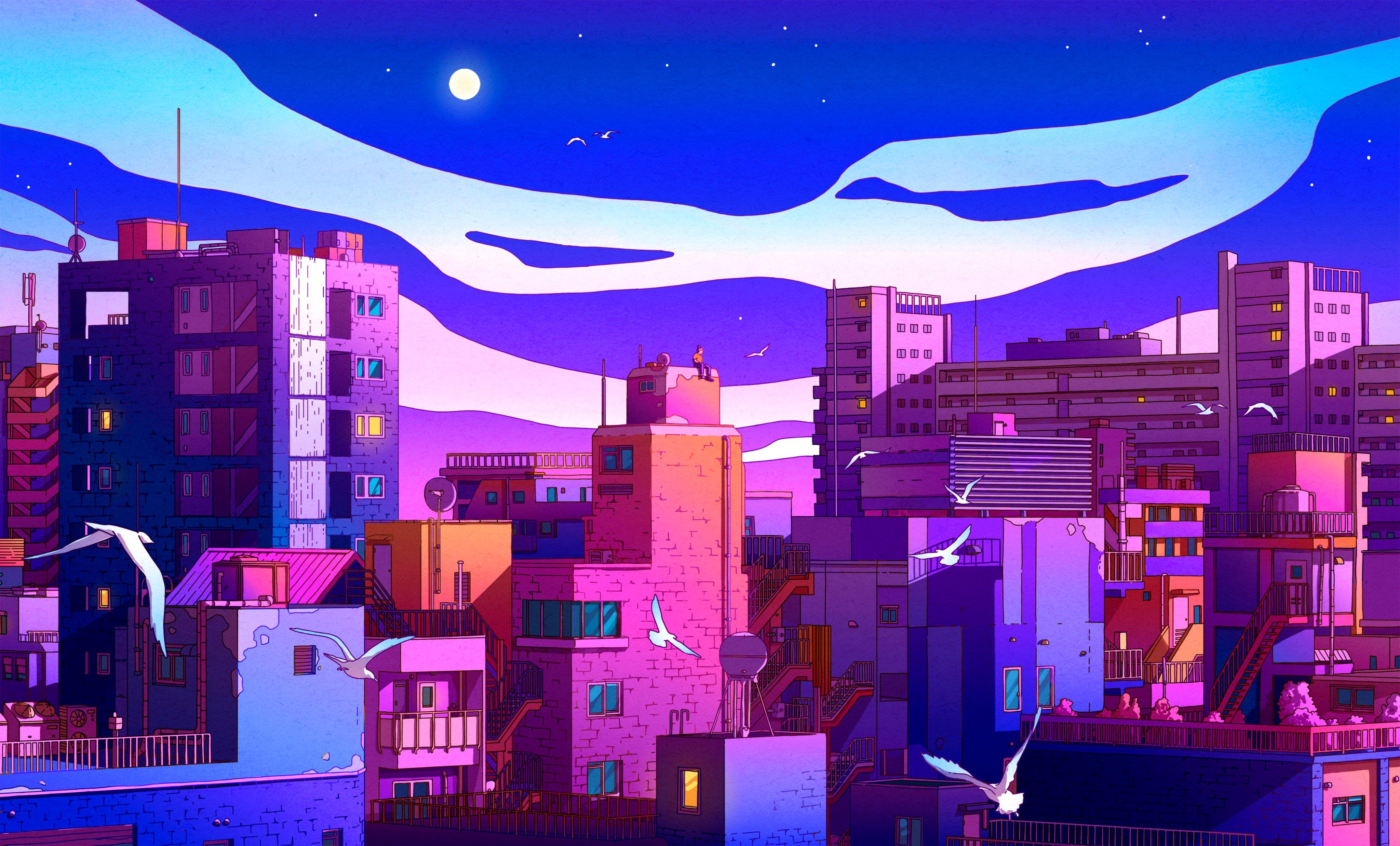 Vibrant Cityscape Under Moonlit Sky - 4K Background Vibrant Cityscape Under Moonlit Sky - Vaporwave Illustration 4K Wallpaper (4096x2475)
