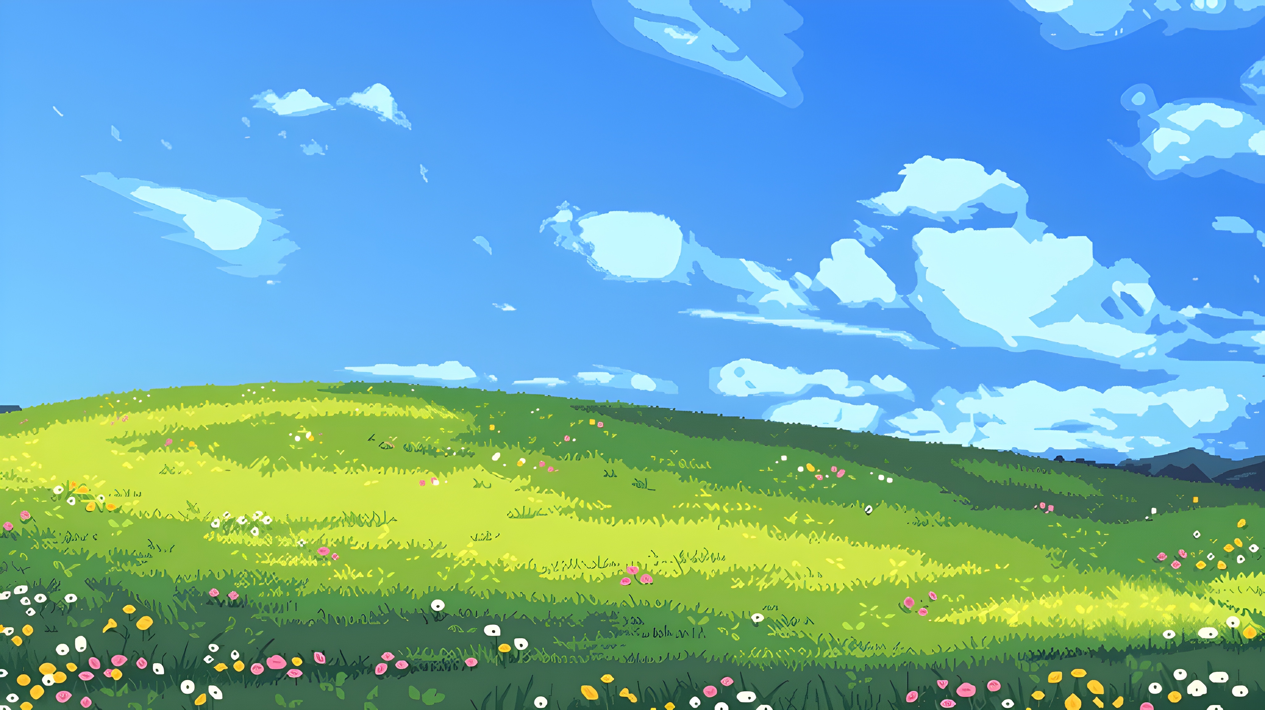 Vibrant Flower Meadow Under Blue Sky - 4K Background Vibrant Flower Meadow Under Blue Sky - Anime Background Art 4K Wallpaper (4096x2300)