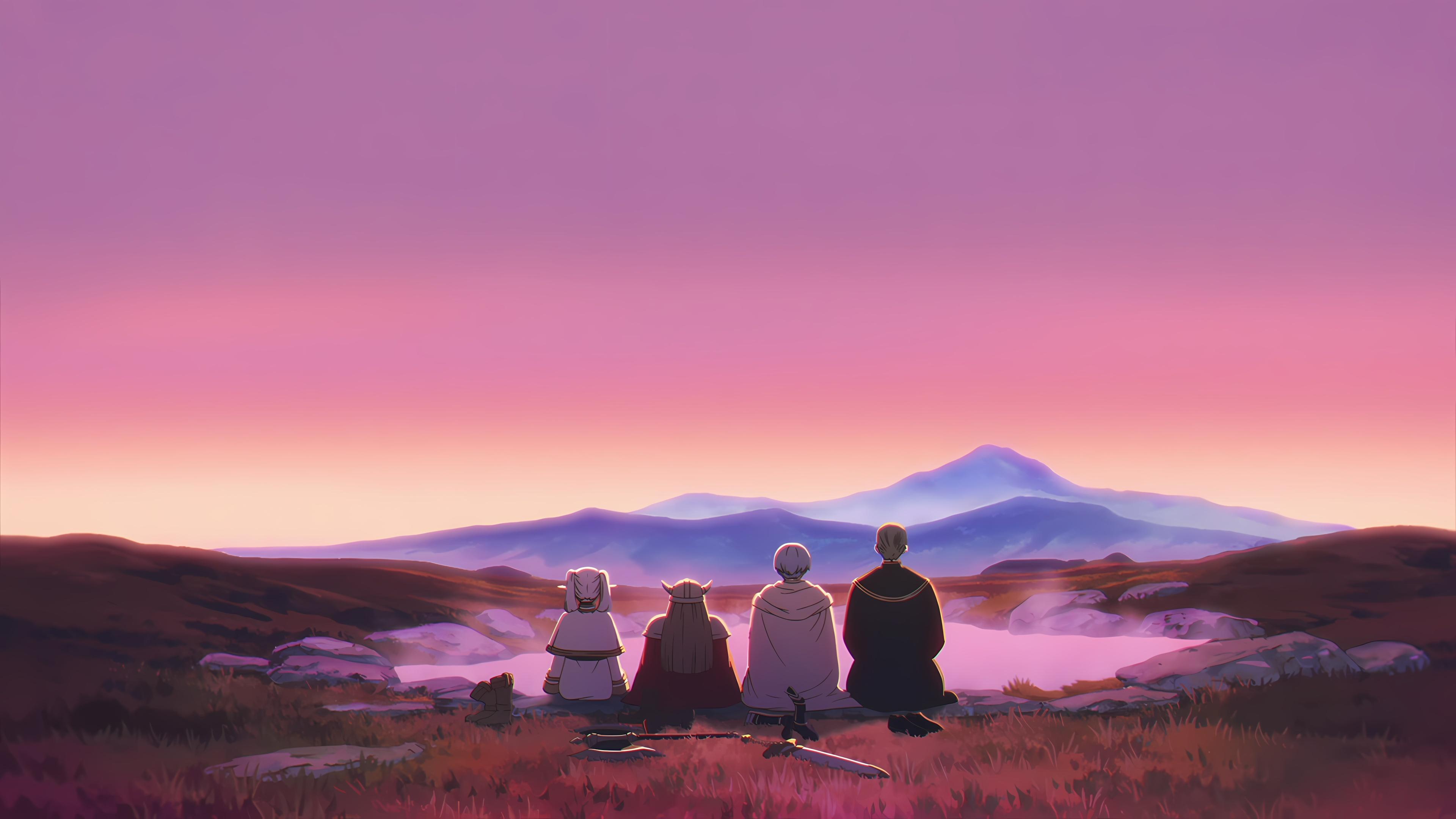 Viewing The Pink Mountain Sunset - 4K Background Viewing The Pink Mountain Sunset - Anime Landscape Illustration 4K Wallpaper (3840x2160)
