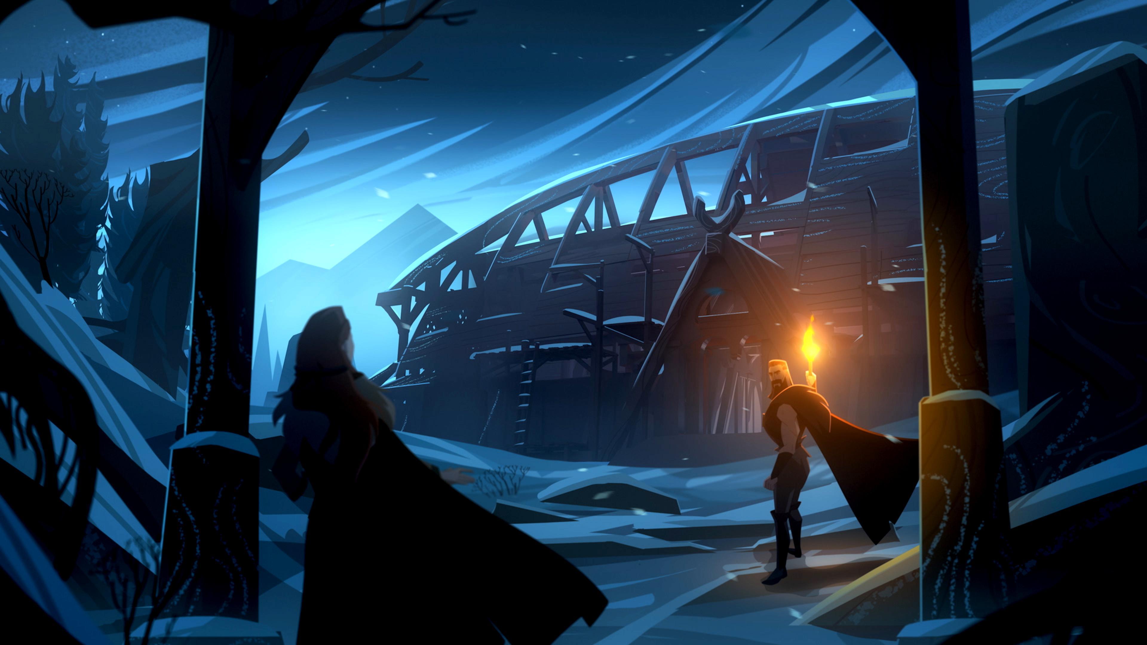 Viking Longhouse Night Scene - 4K Background Viking Longhouse Night Scene - Digital Illustration 4K Wallpaper (3840x2160)