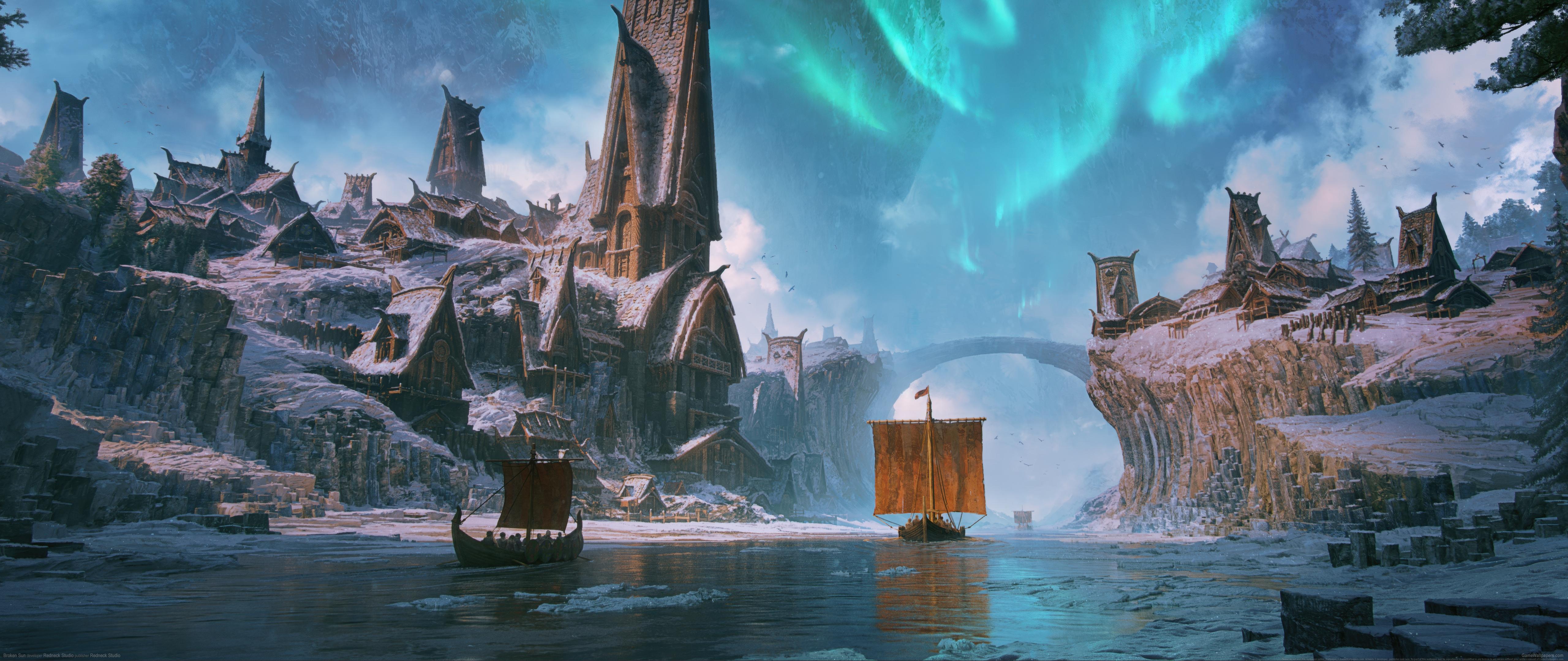 Viking Village Under Northern Lights - 4K Background Viking Village Under Northern Lights - Digital Fantasy Art 4K Wallpaper (5120x2160)