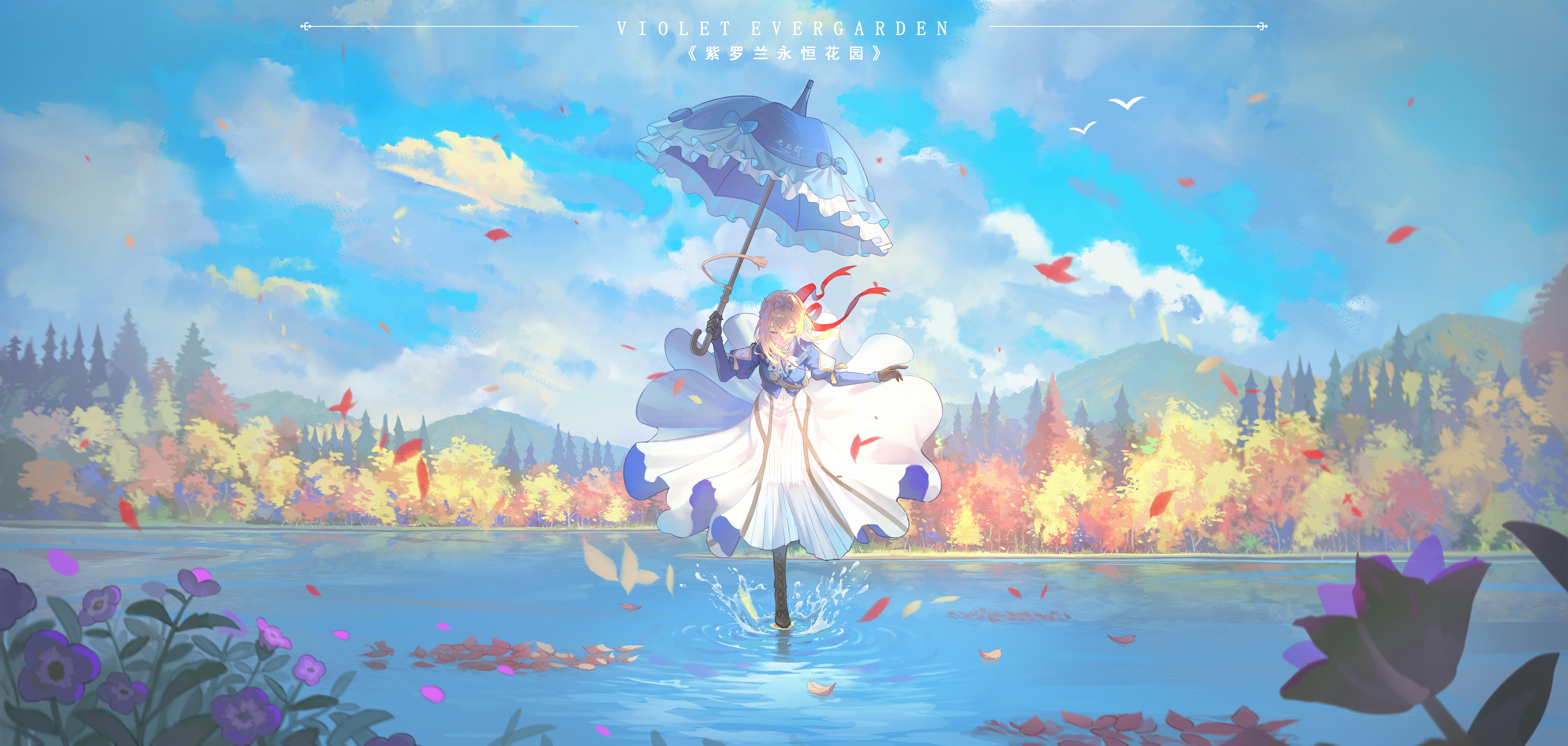 Violet Evergarden By The Lake - 8K Background Violet Evergarden By The Lake - Anime Digital Art 8K Wallpaper (10000x4759)