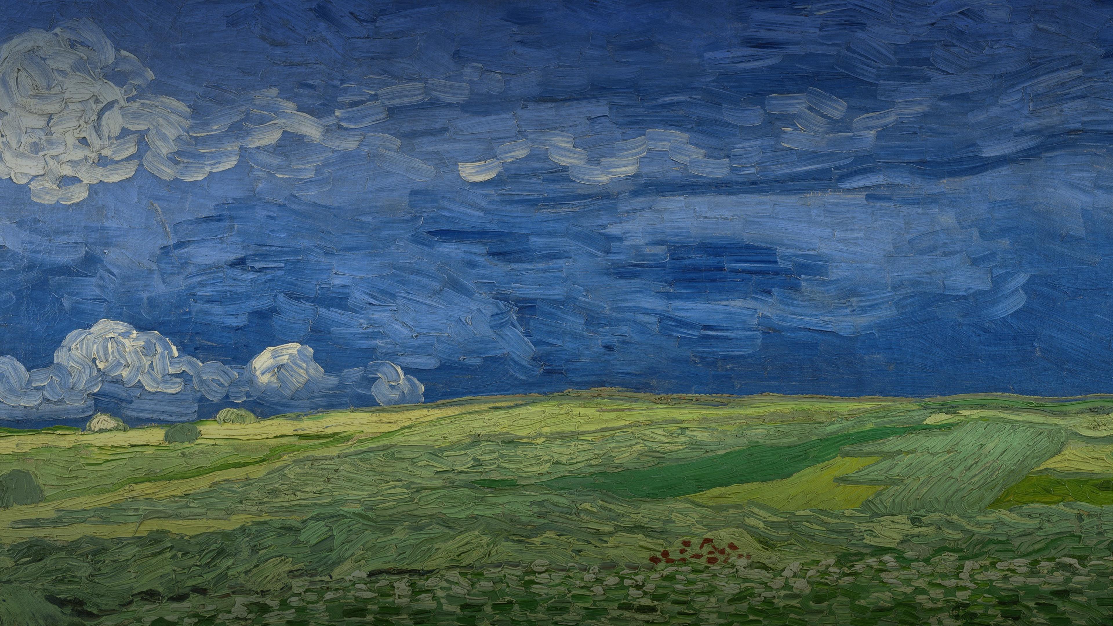 Wheat Fields Under Cloudy Sky - 4K Background Wheat Fields Under Cloudy Sky - Post-Impressionist Painting 4K Wallpaper (3840x2160)