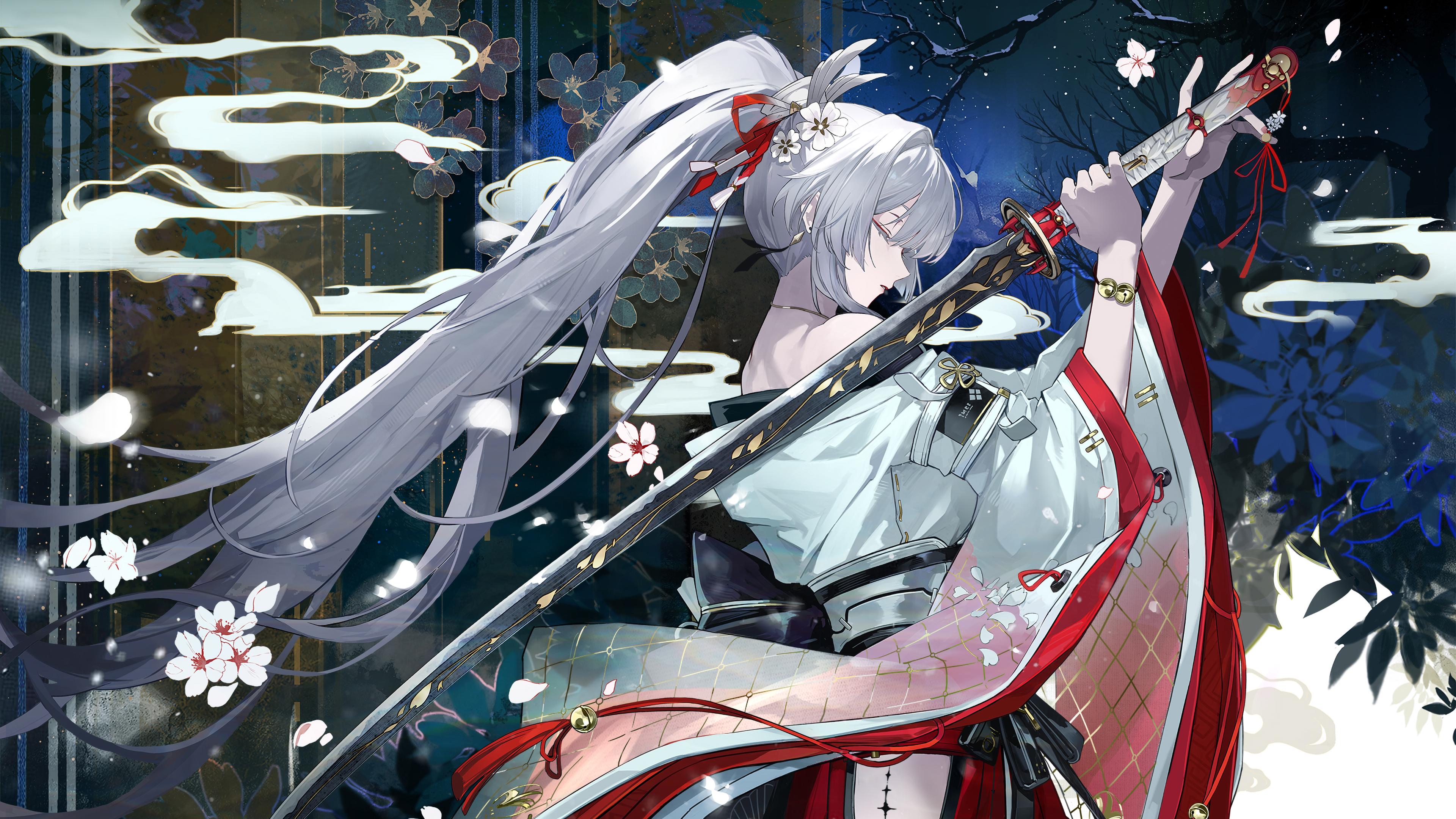 White Haired Anime Samurai Warrior - 4K Background White Haired Anime Samurai Warrior - Digital Anime Art 4K Wallpaper (3840x2160)