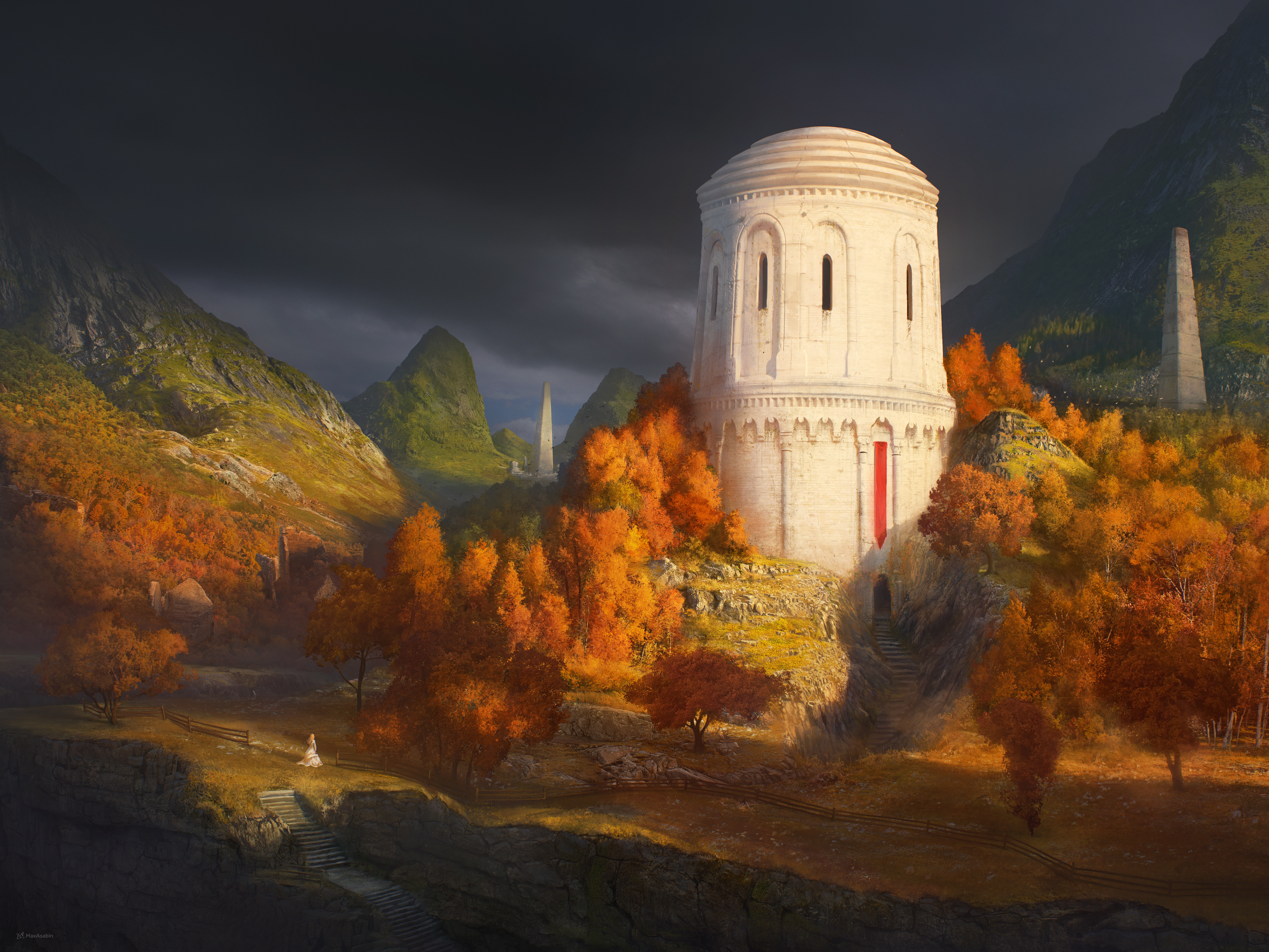 White Monument In Autumn Hills - 4K Background White Monument In Autumn Hills - Digital Matte Painting 4K Wallpaper (3840x2880)