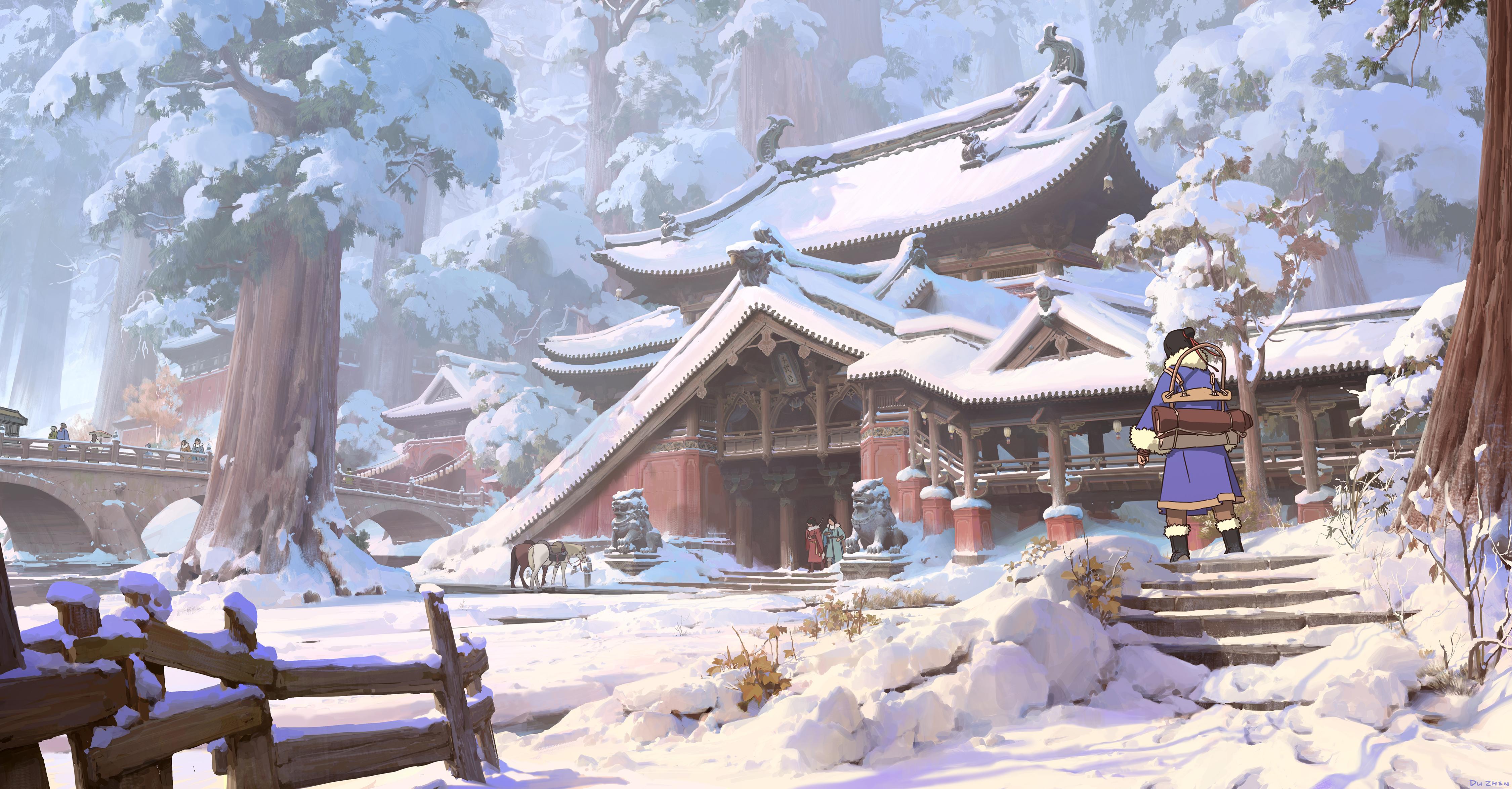 Winter Landscape, Asian Architecture, Snowy Temple, Fantasy Art Wallpaper in 4K resolution (4500x2349) Winter Landscape, Asian Architecture, Snowy Temple, Fantasy Art 4K Wallpaper Background (4500x2349)