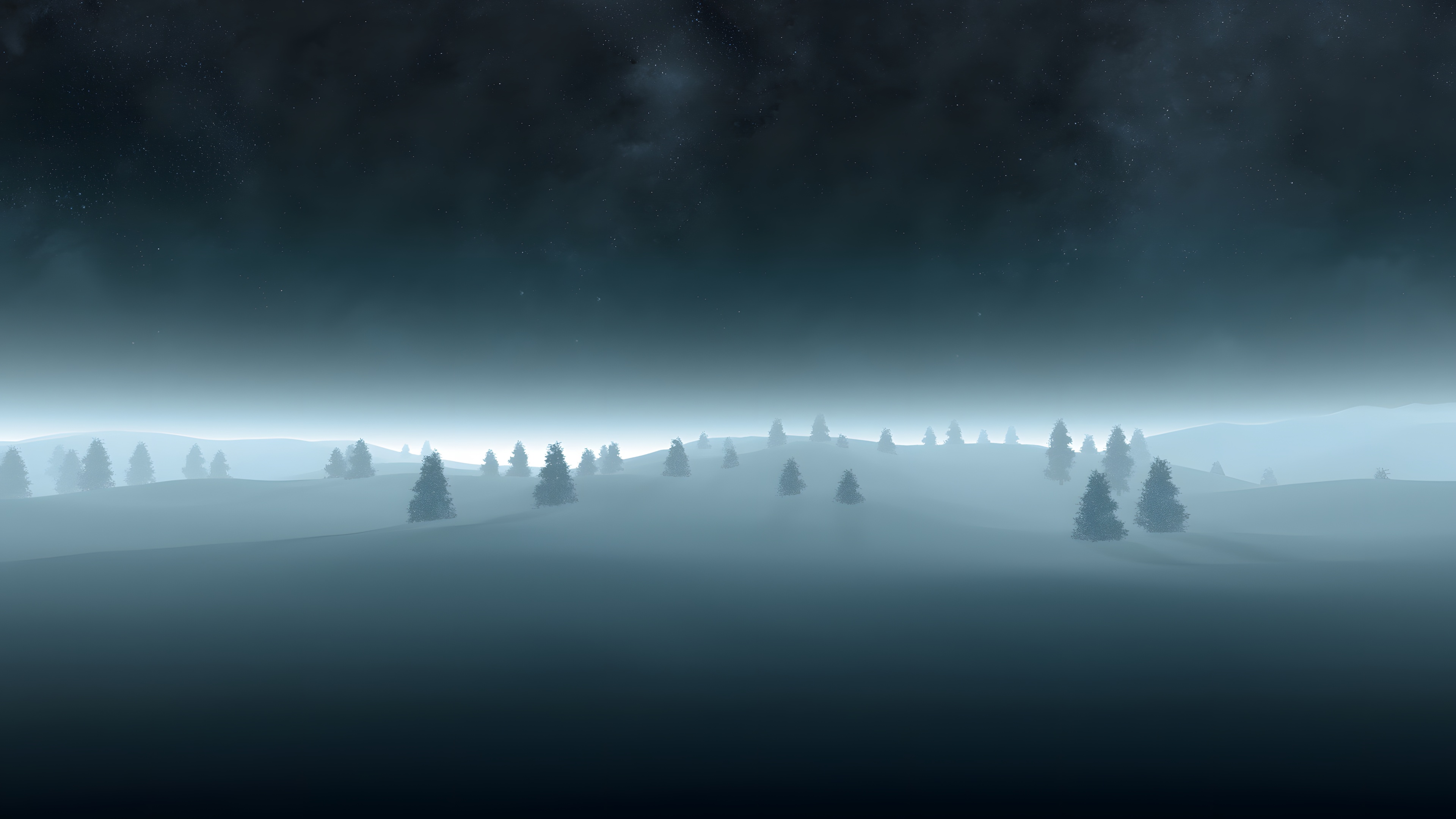 Winter Landscape, Night Sky, Foggy Forest, Digital Art Wallpaper in 4K resolution (3840x2160) Winter Landscape, Night Sky, Foggy Forest, Digital Art 4K Wallpaper Background (3840x2160)