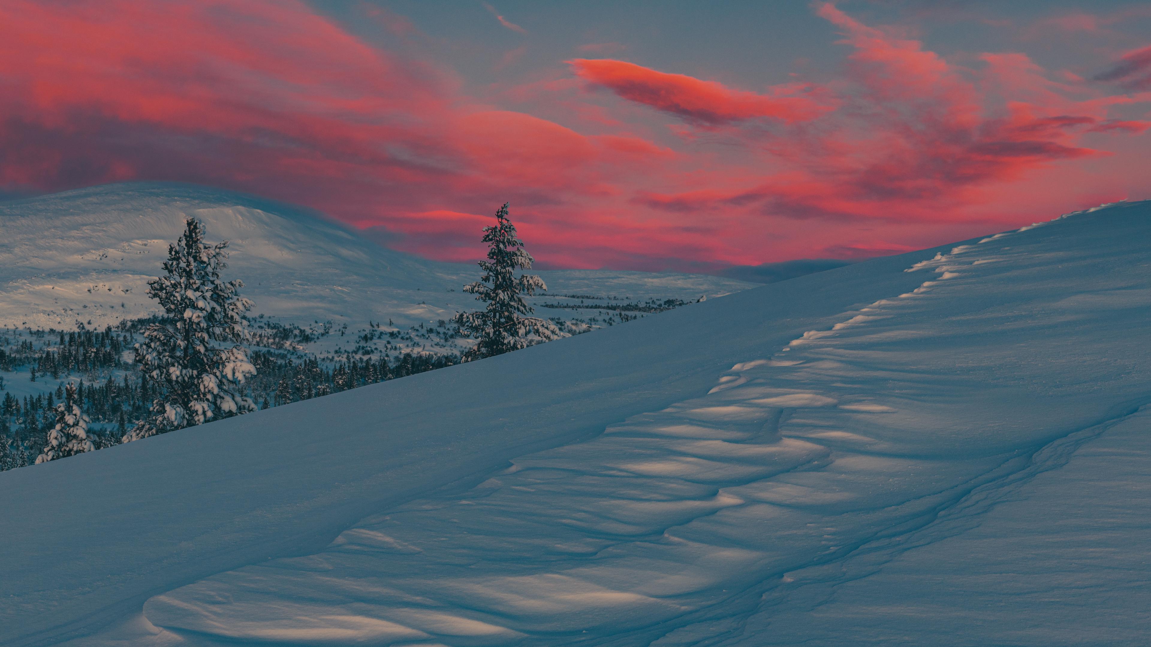 Winter Landscape, Snowy Mountains, Pink Sunset, Arctic Scenery Wallpaper in 4K resolution (3840x2160) Winter Landscape, Snowy Mountains, Pink Sunset, Arctic Scenery 4K Wallpaper Background (3840x2160)