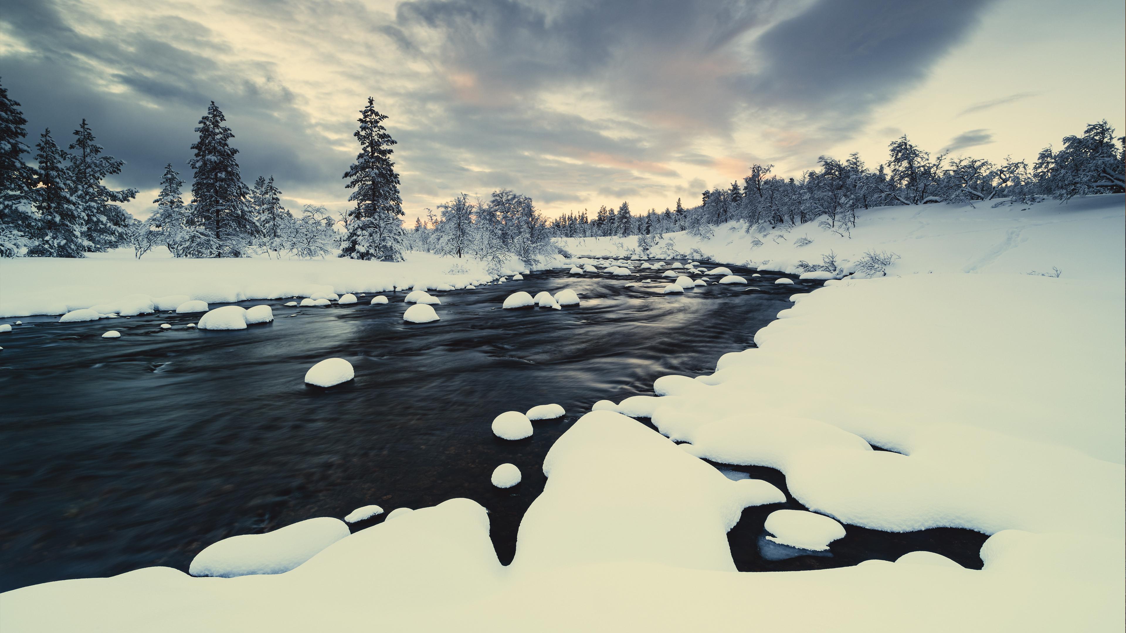 Winter Landscape, Snowy River, Forest Winter, Nordic Scenery Wallpaper in 4K resolution (3840x2160) Winter Landscape, Snowy River, Forest Winter, Nordic Scenery 4K Wallpaper Background (3840x2160)