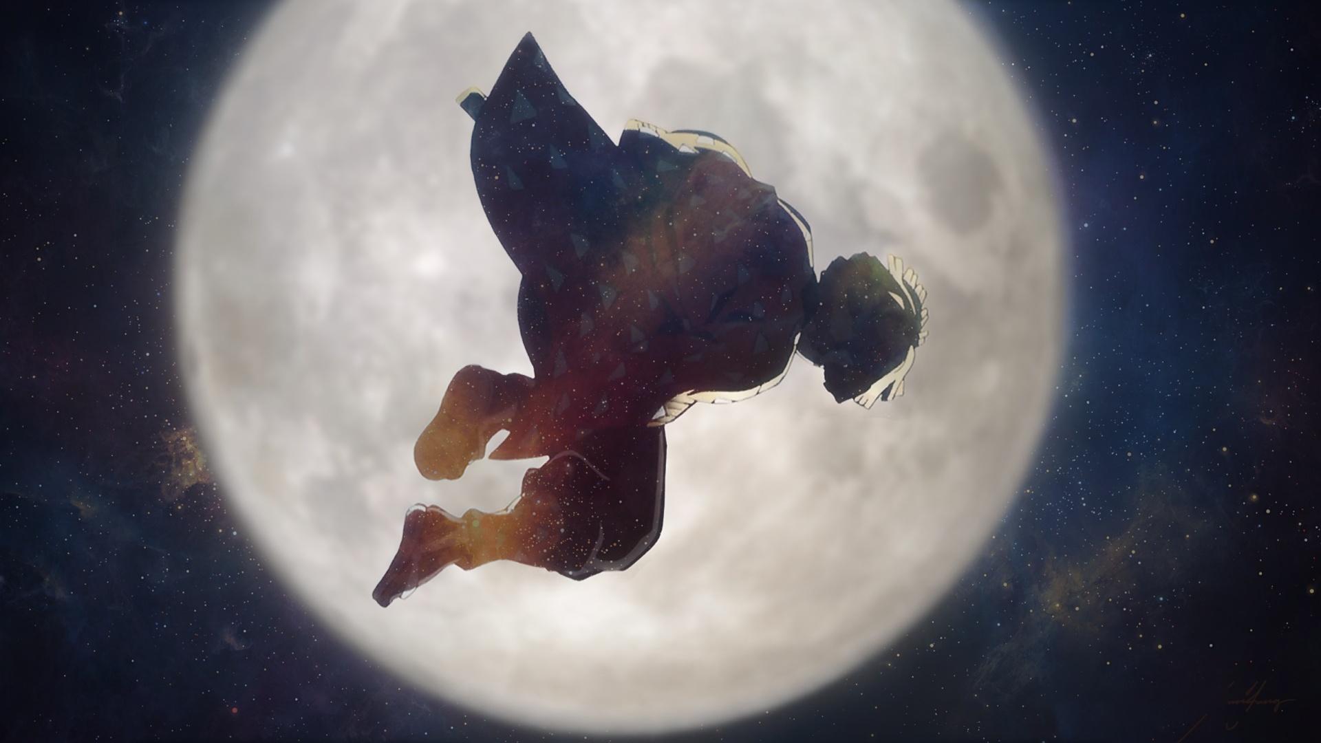 Zenitsu Falling Against The Full Moon - Full HD Background Zenitsu Falling Against The Full Moon - Digital Fantasy Illustration Full HD Wallpaper (1920x1080)
